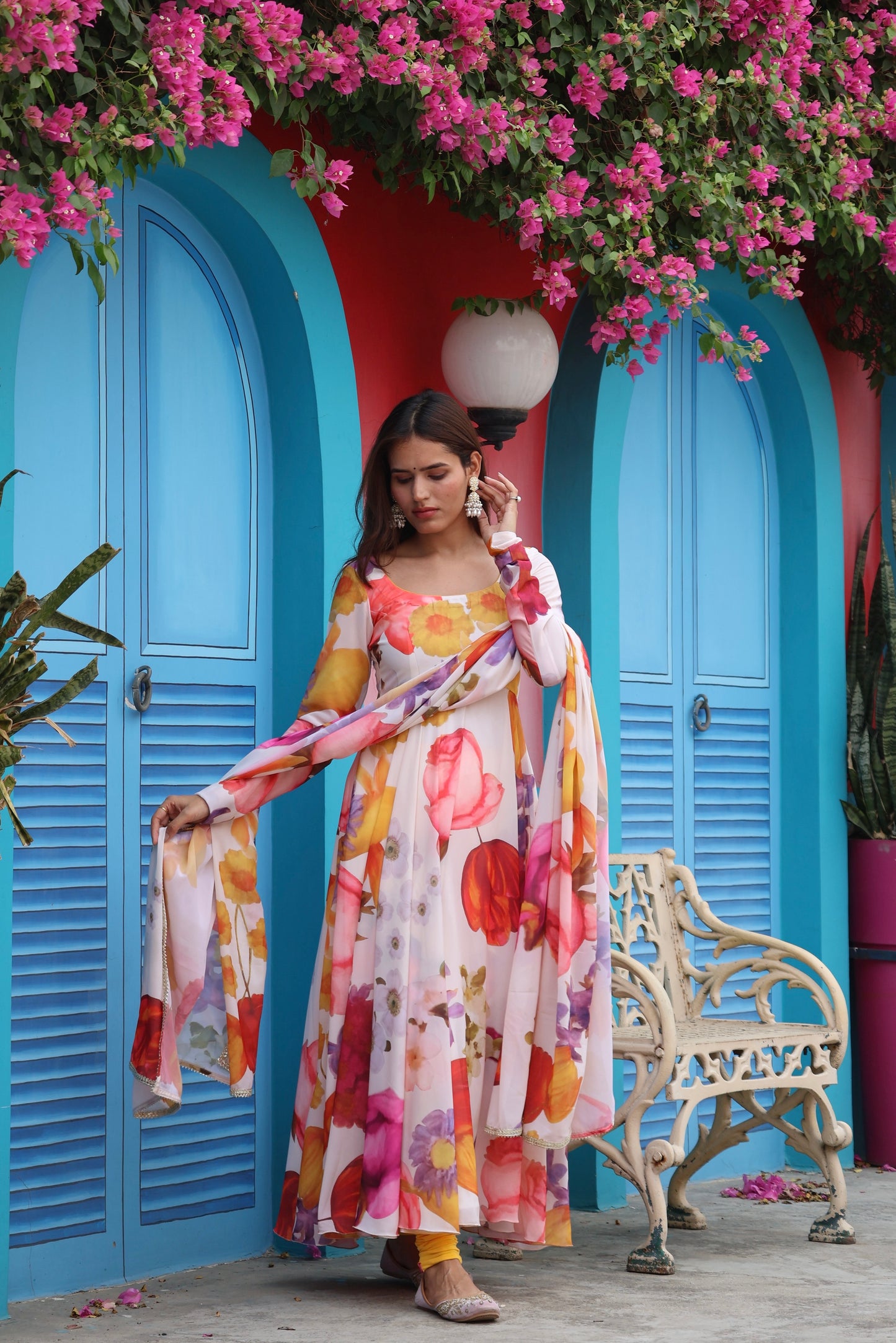 Creme Floral Printed Georgette Anarkali Set