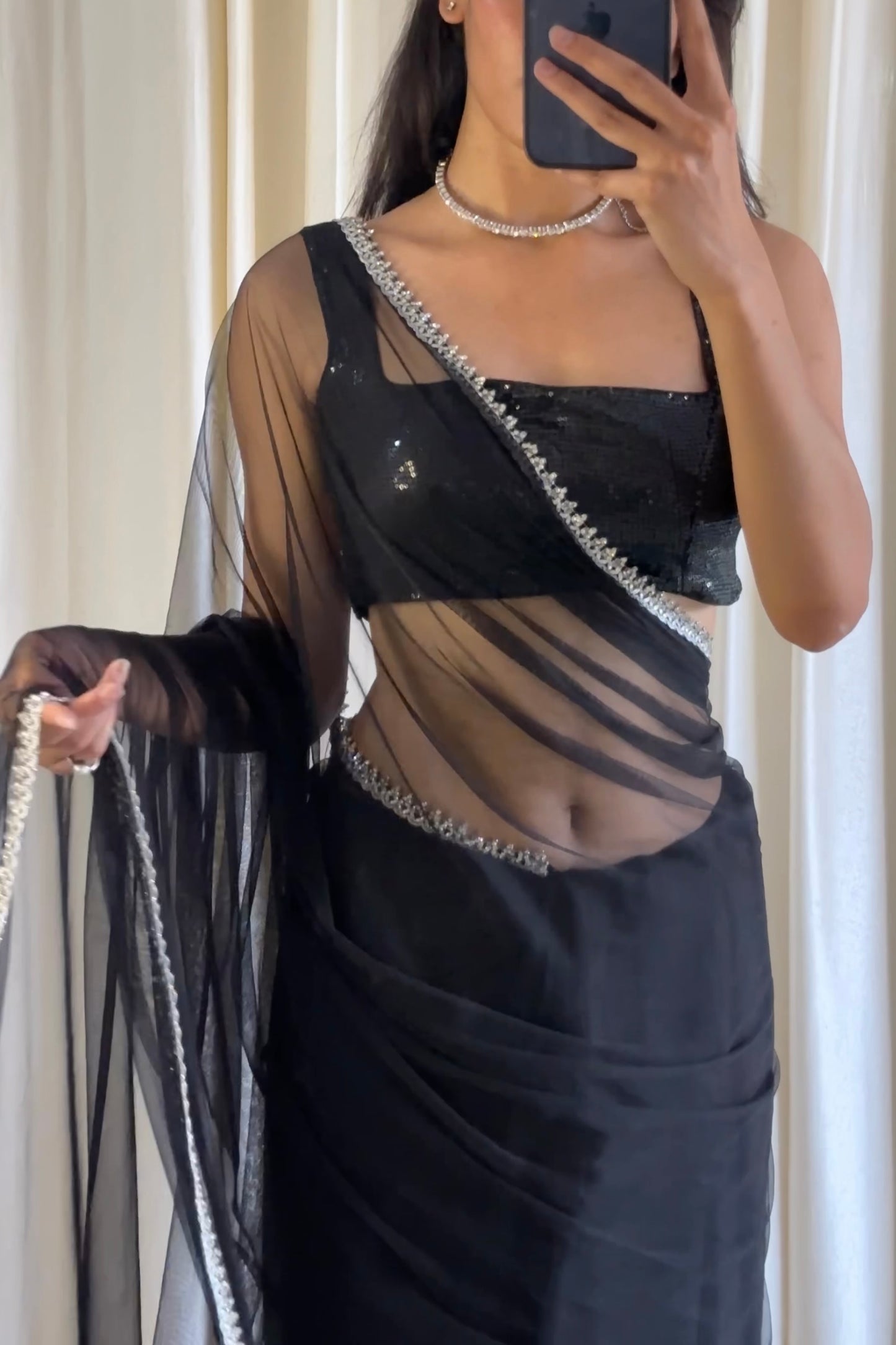 Black Net Saree With Sequins Blouse