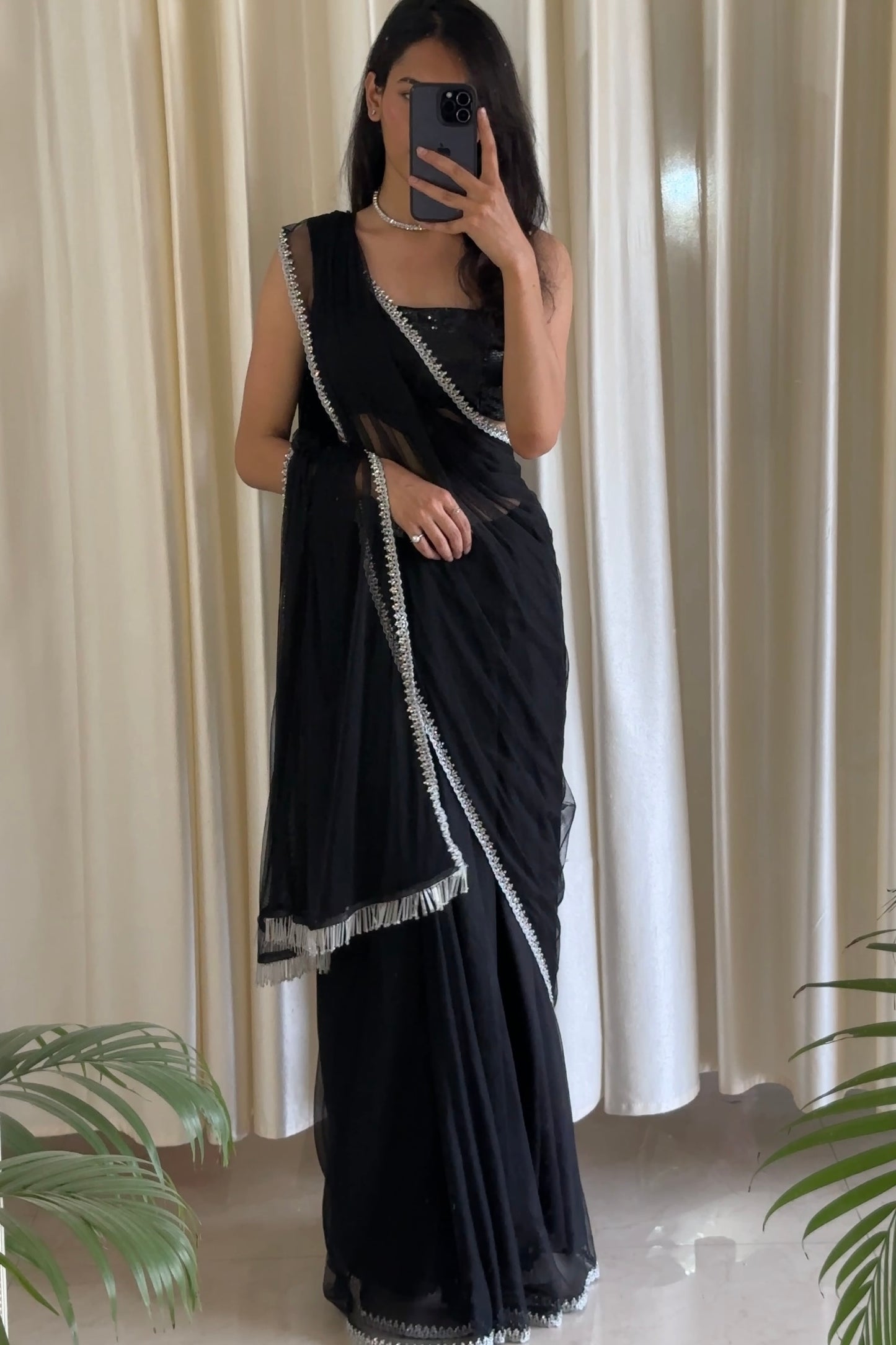 Black Net Saree With Sequins Blouse