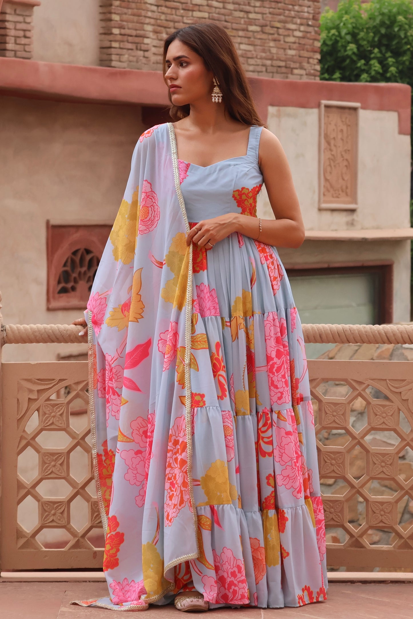Sky Blue Printed Tiered Gown with Dupatta