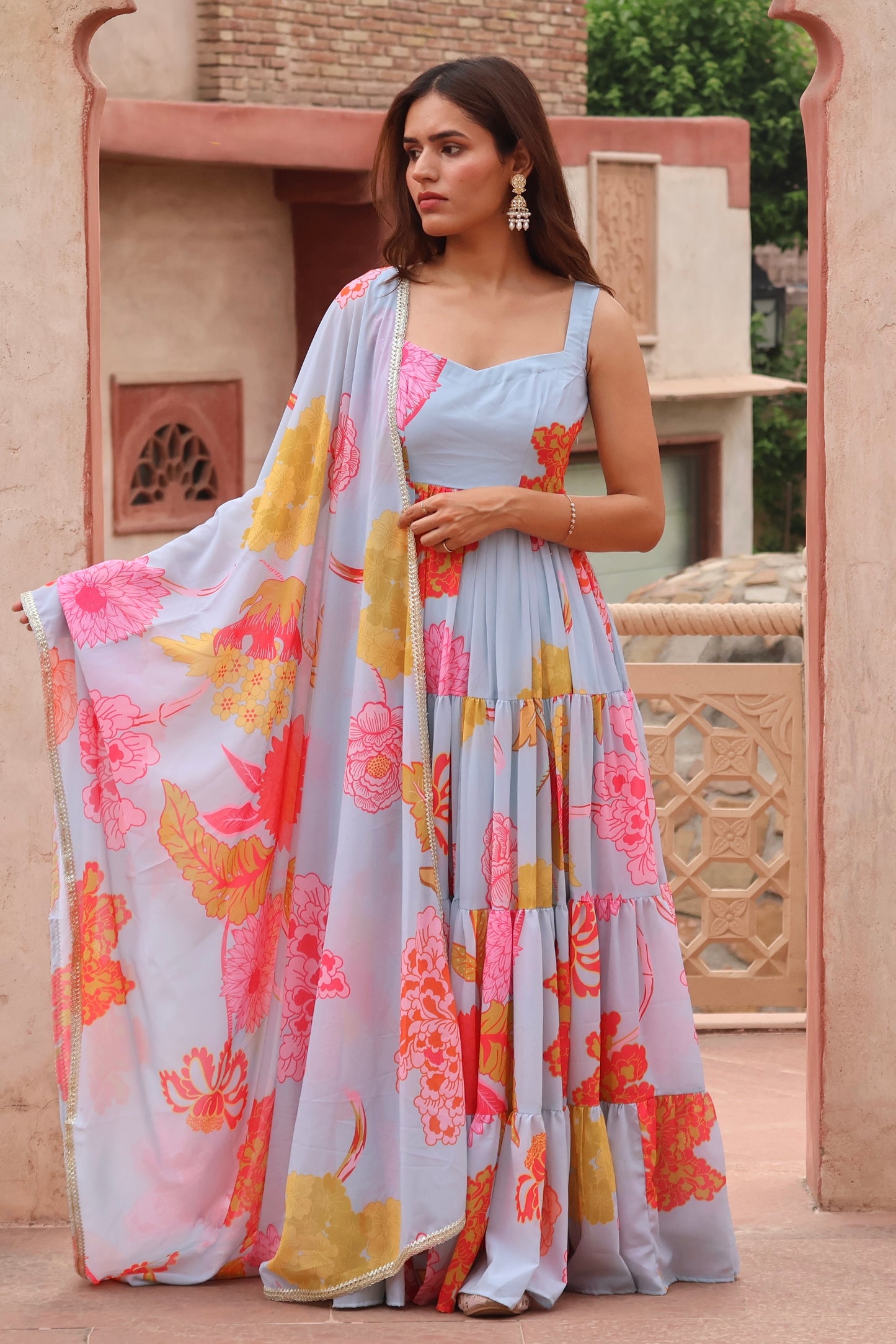 Sky Blue Printed Tiered Gown with Dupatta