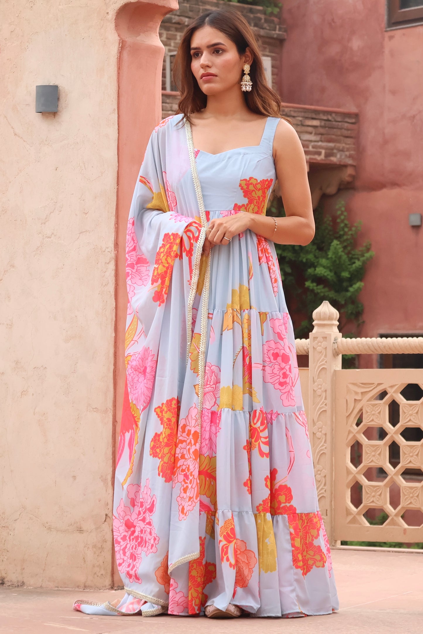 Sky Blue Printed Tiered Gown with Dupatta