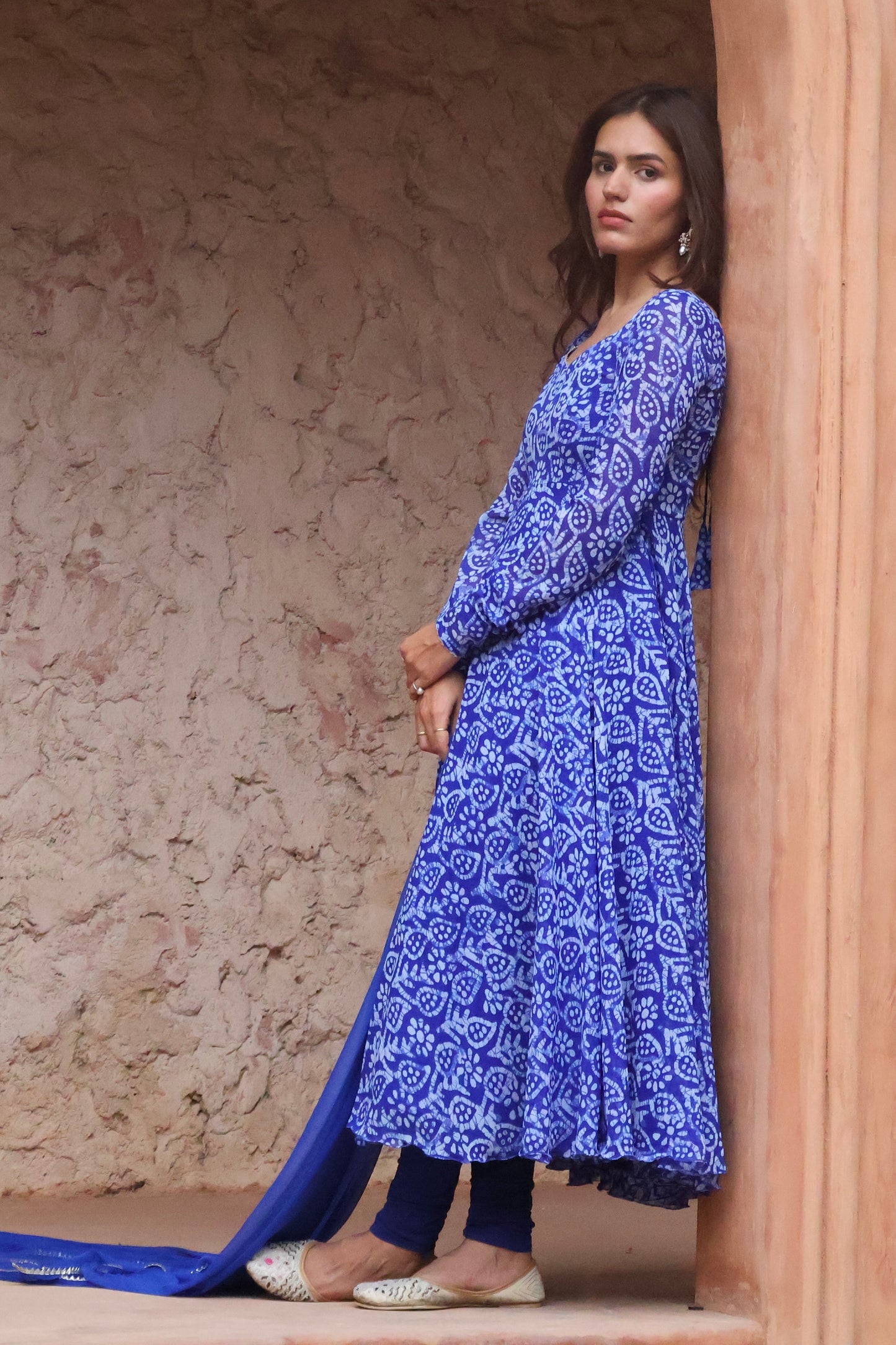 Blue Bandhnin Print Georgette Anarkali Set