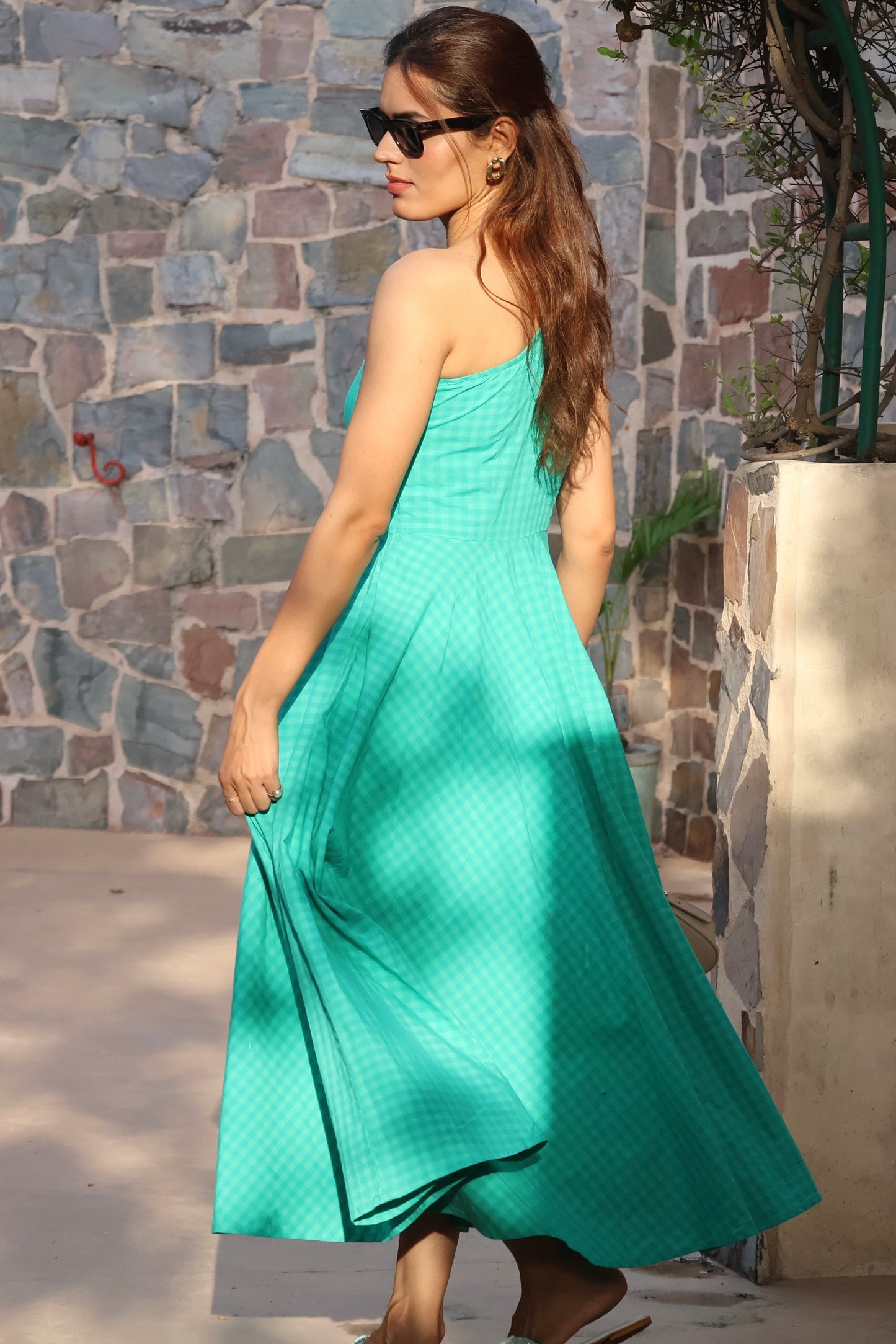 Gingham Breeze One Shoulder Cotton Dress