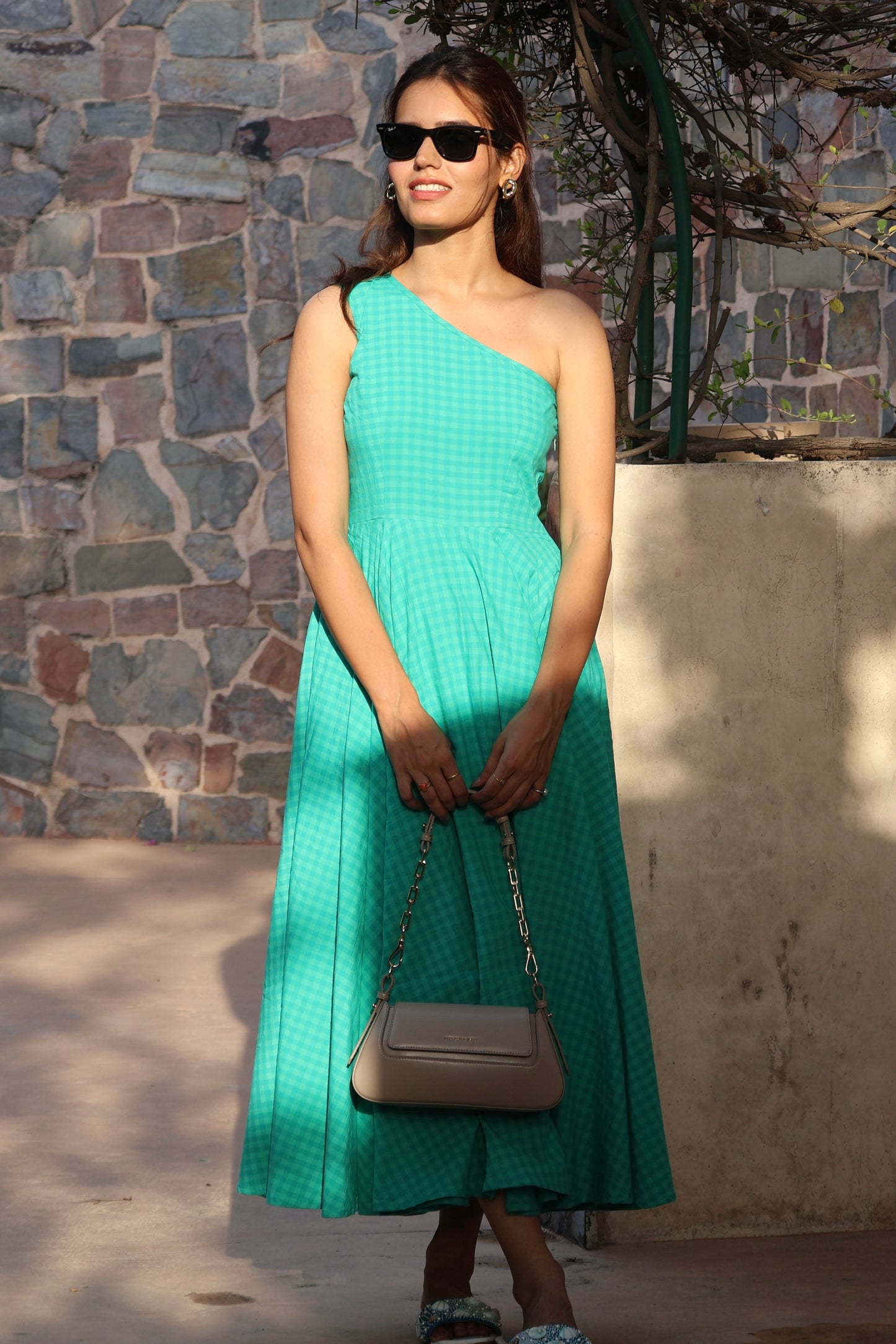 Gingham Breeze One Shoulder Cotton Dress