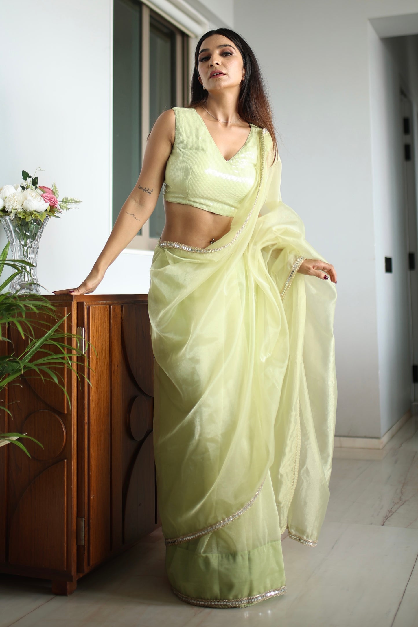 Pista Green Organza Saree With Sequins Blouse