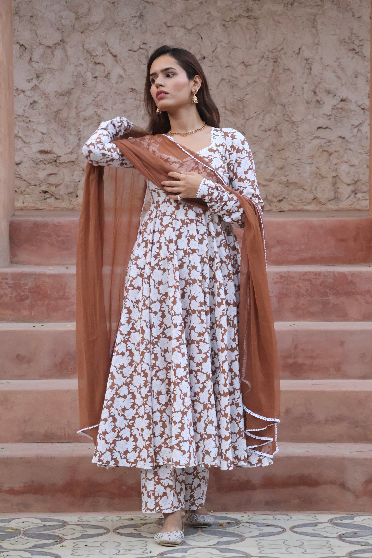 Sepia Cotton Printed Anarkali Set