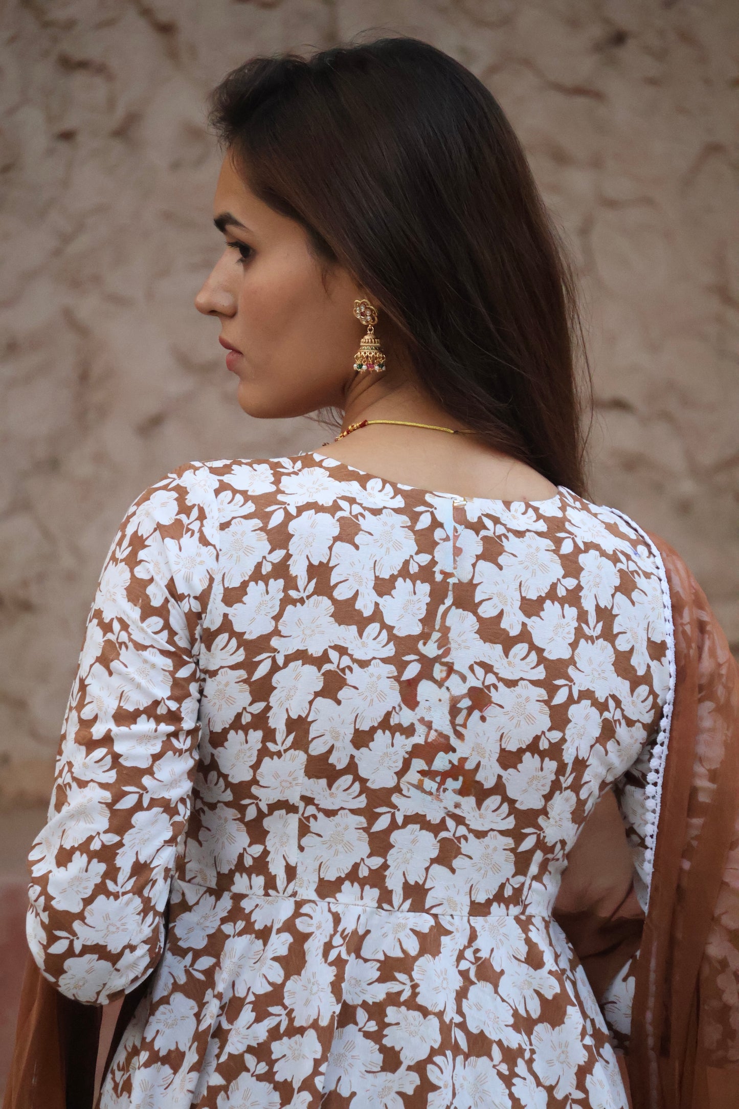 Sepia Cotton Printed Anarkali Set