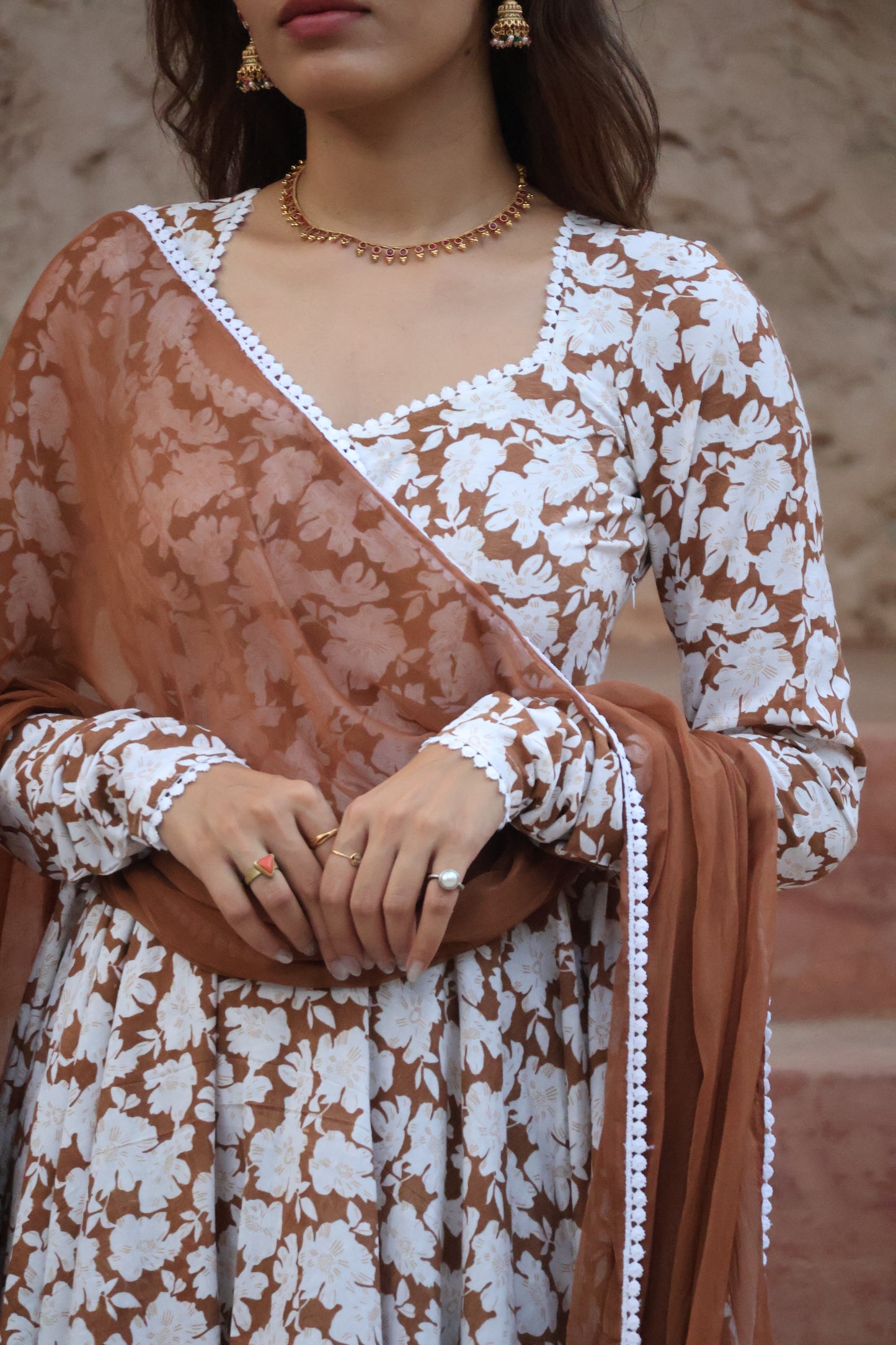 Sepia Cotton Printed Anarkali Set