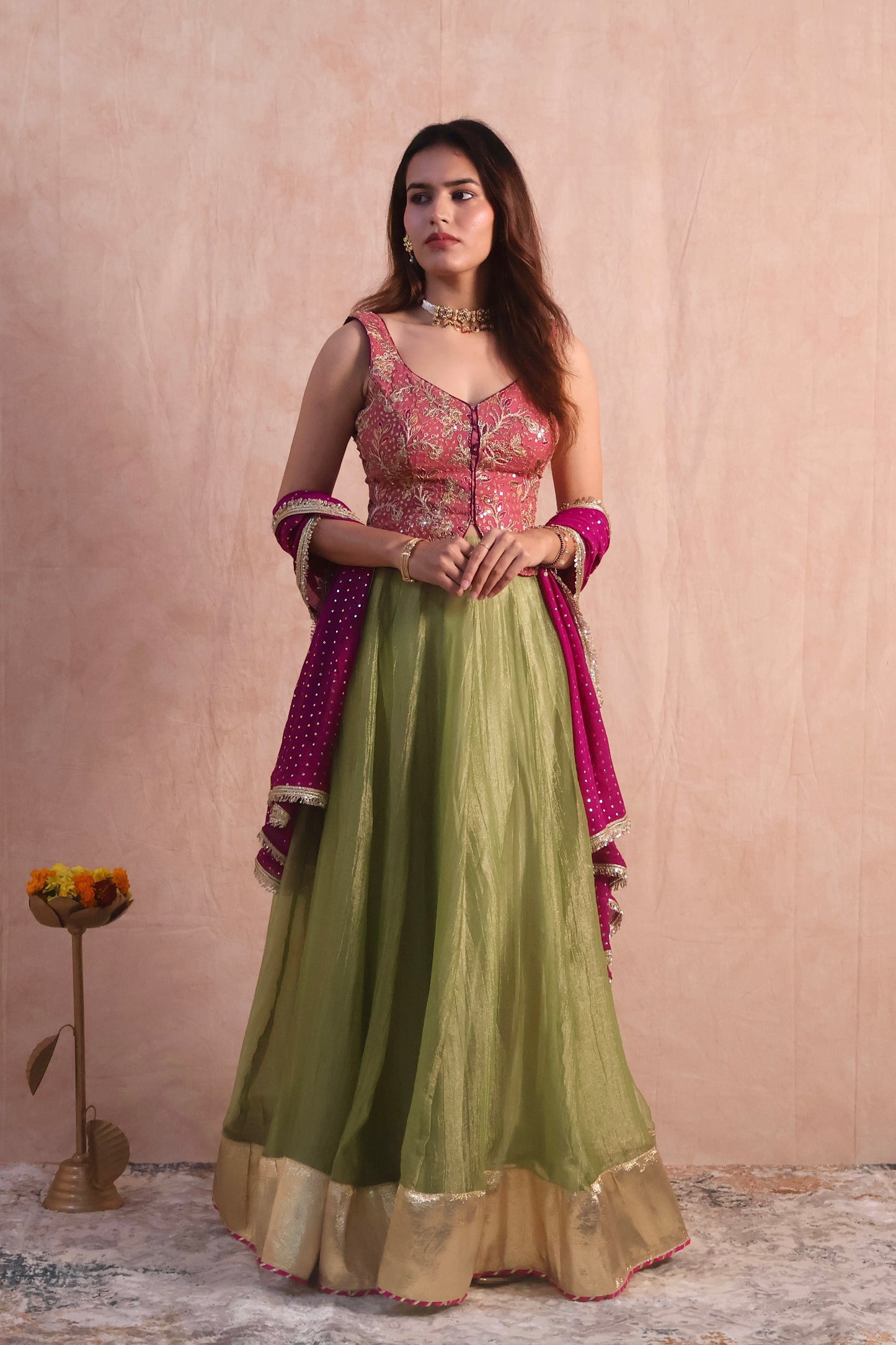 Green Tissue Lehenga Set