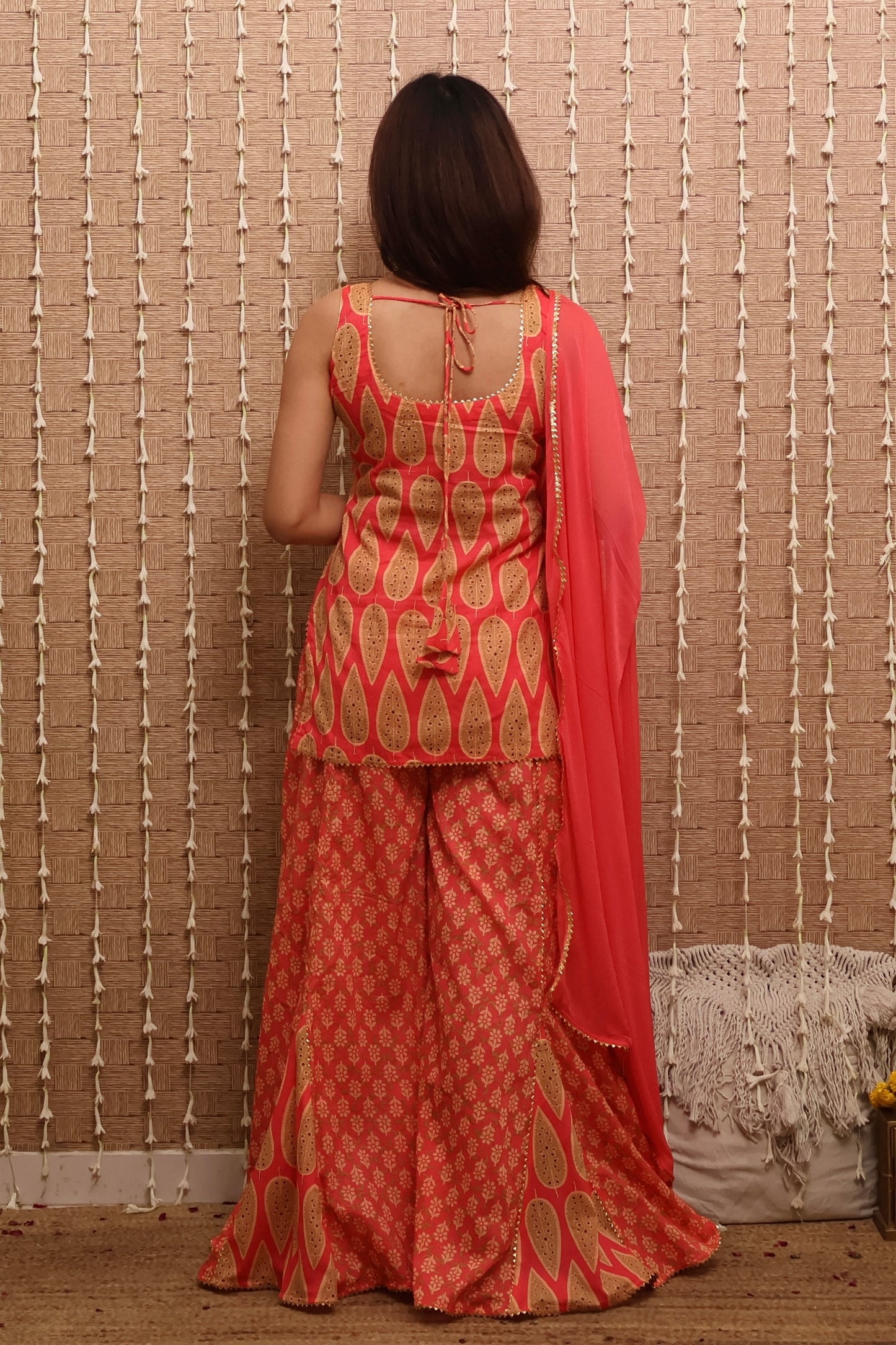 Dark Coral Cotton Printed Sharara Set