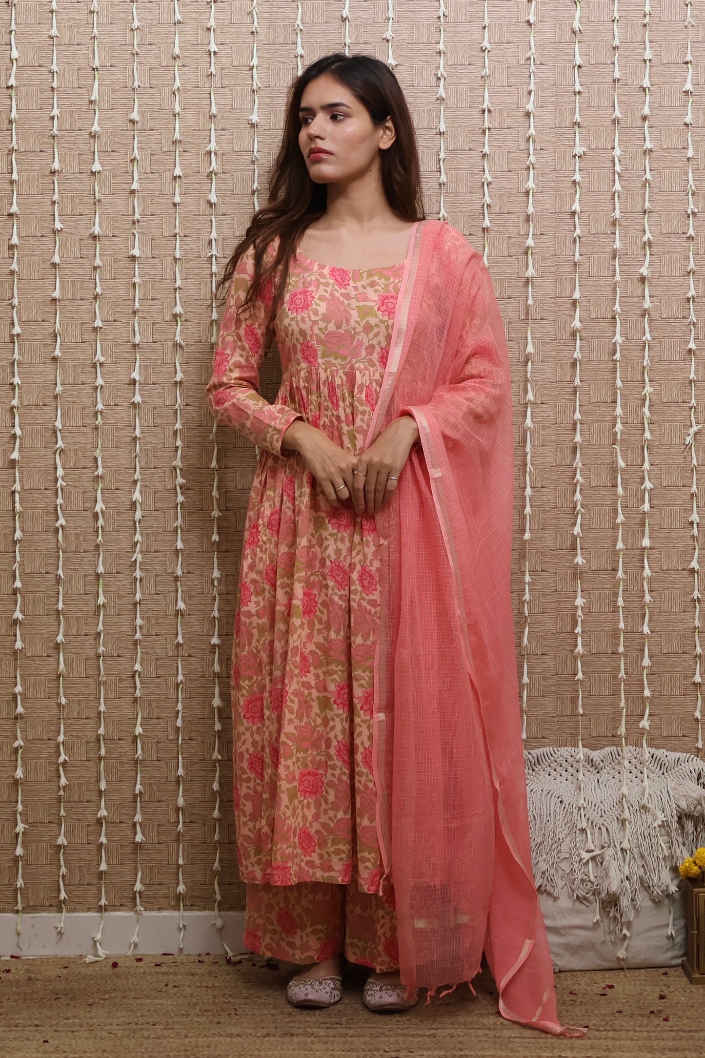Peach Floral Cotton Kurta Set