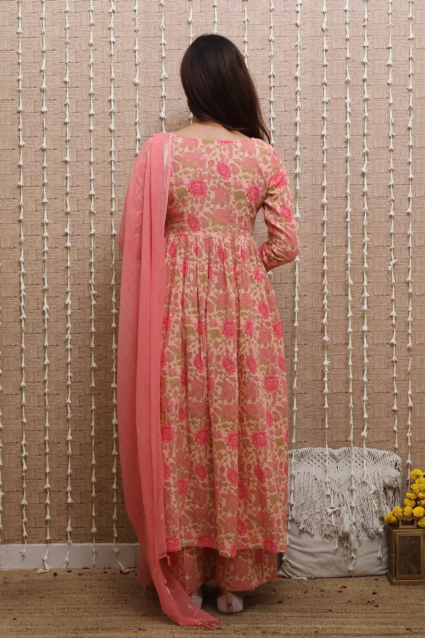 Peach Floral Cotton Kurta Set