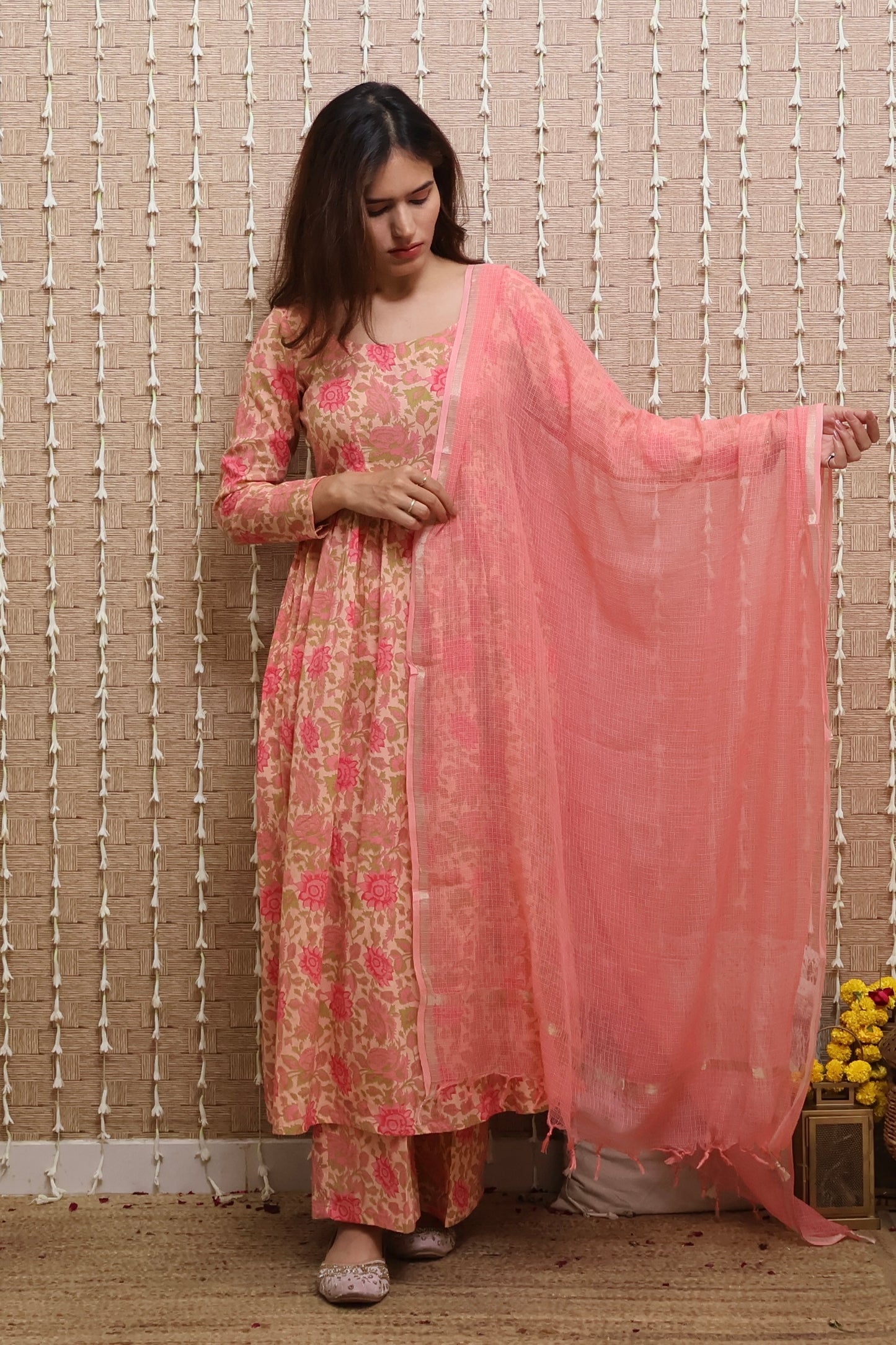 Peach Floral Cotton Kurta Set