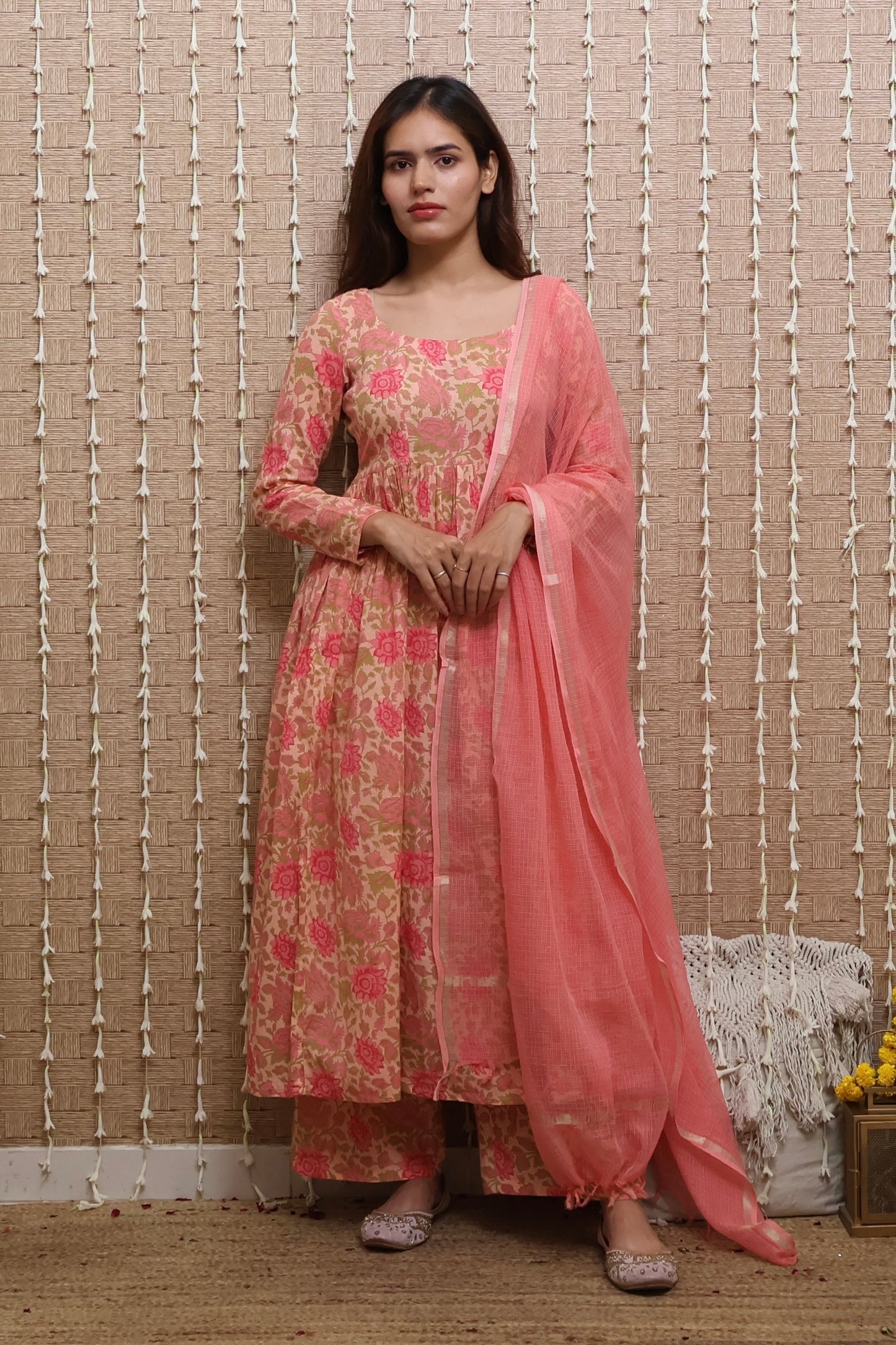 Peach Floral Cotton Kurta Set