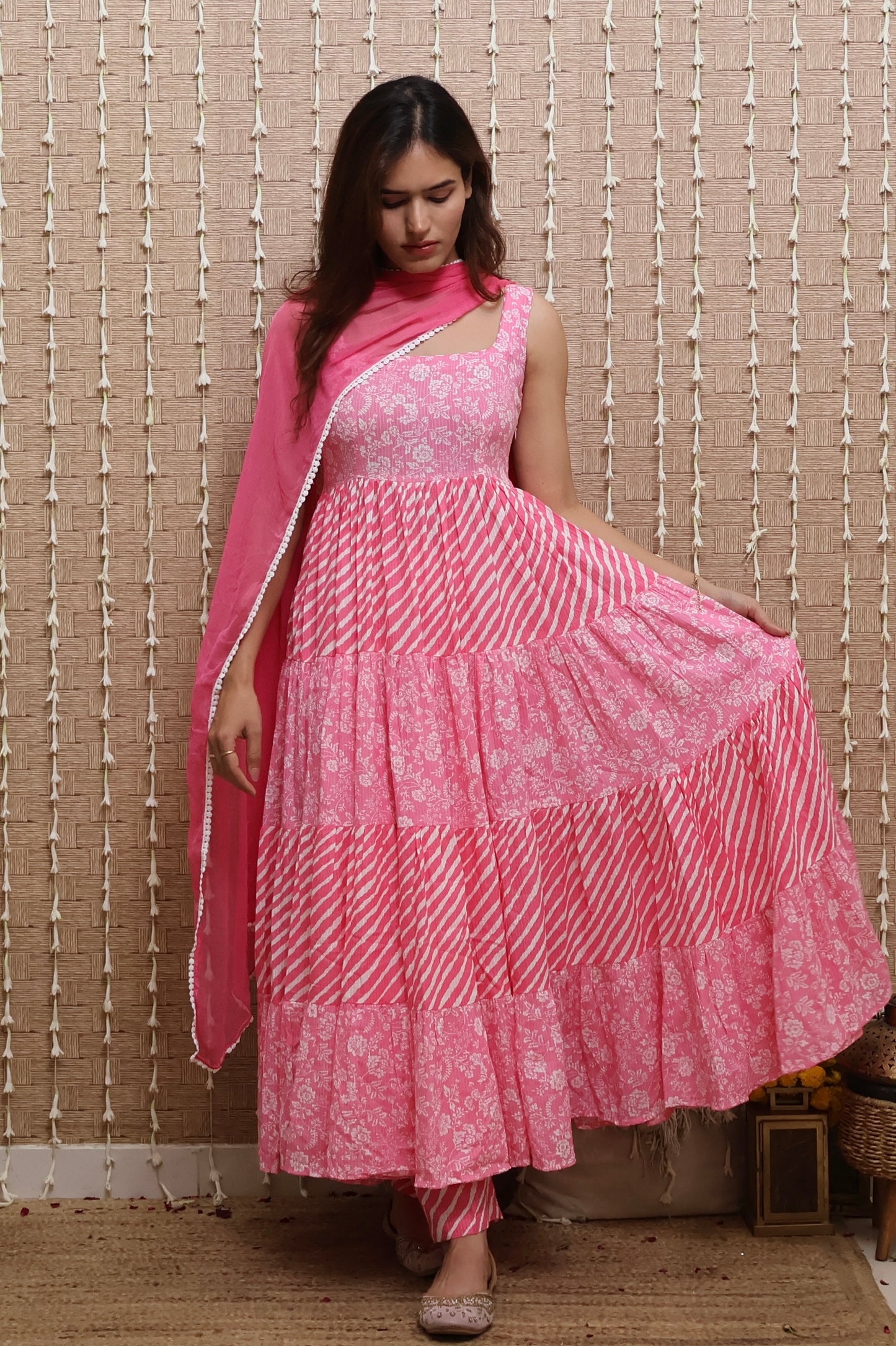 Pink Cotton Tiered Anarkali set