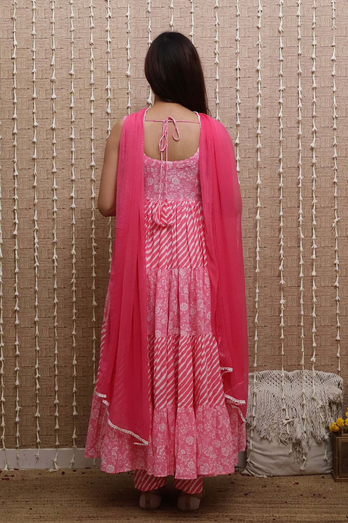 Pink Cotton Tiered Anarkali set