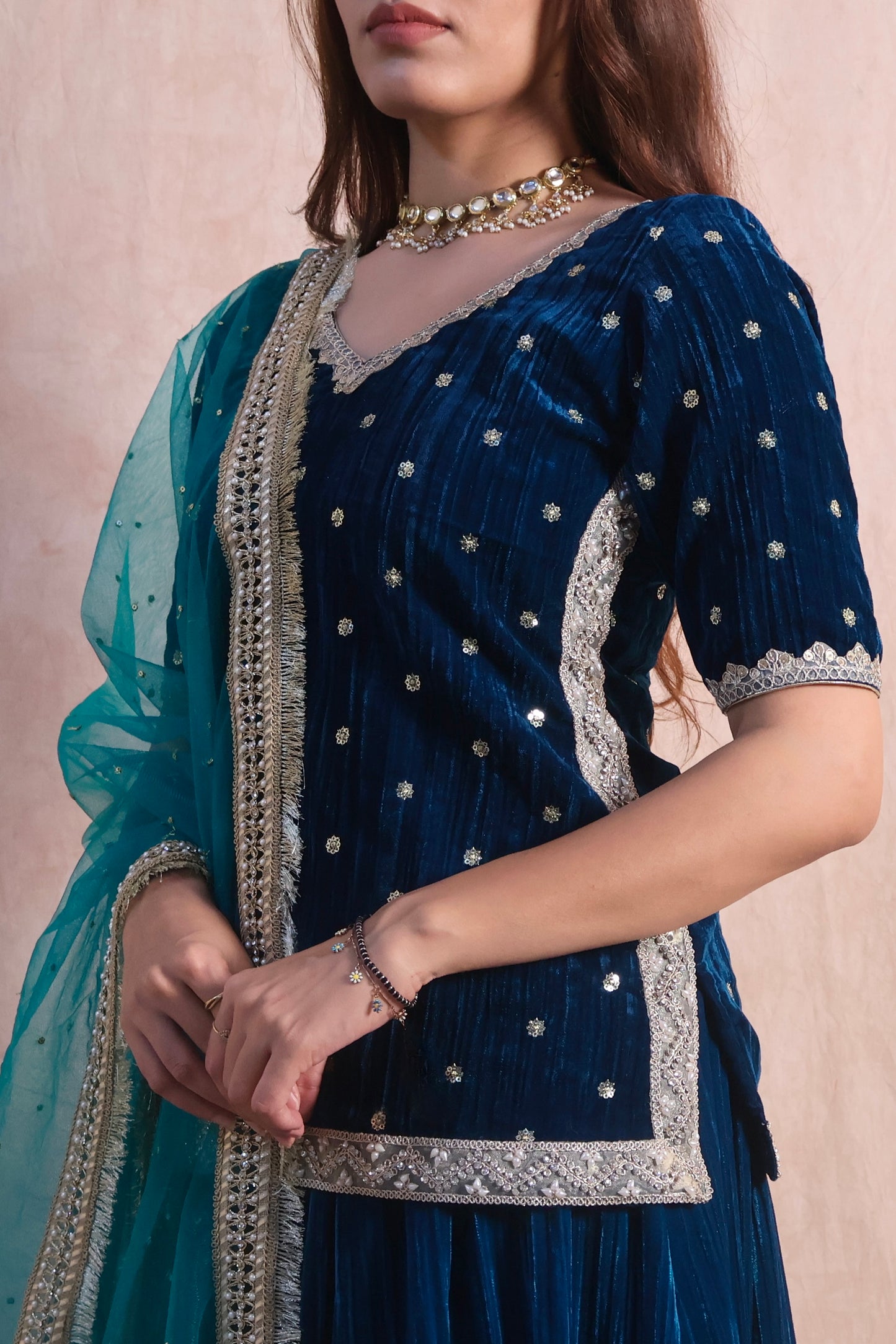 Regal Blue Crushed Embroidered Velvet Lehenga Set