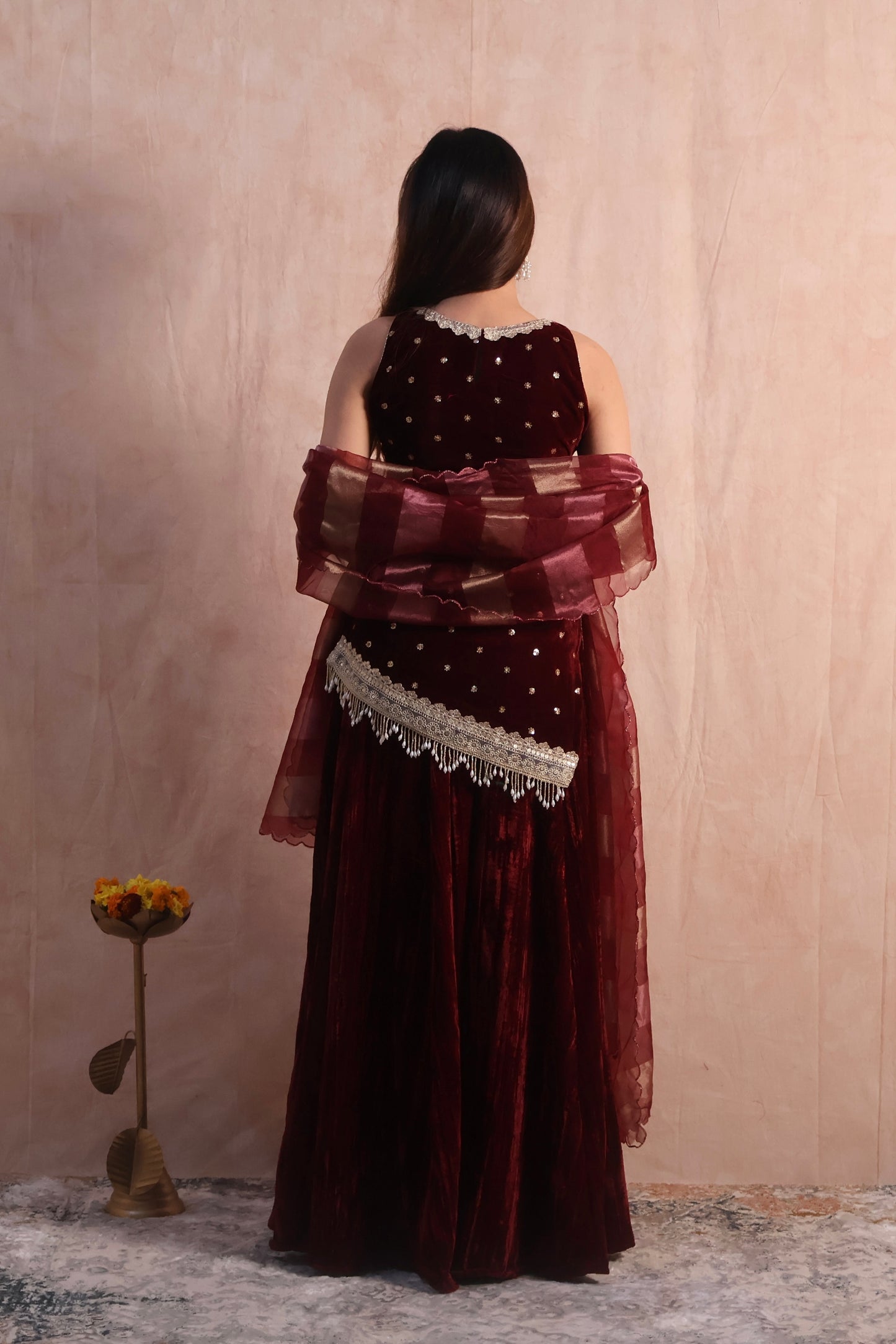Maroon Velvet Embroidered Sharara Set