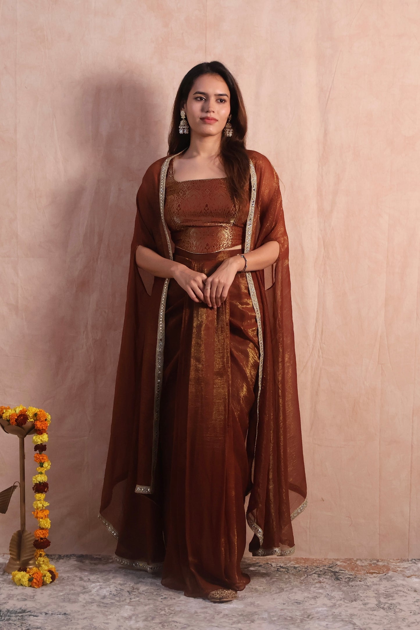 Brown Draped Skirt Set