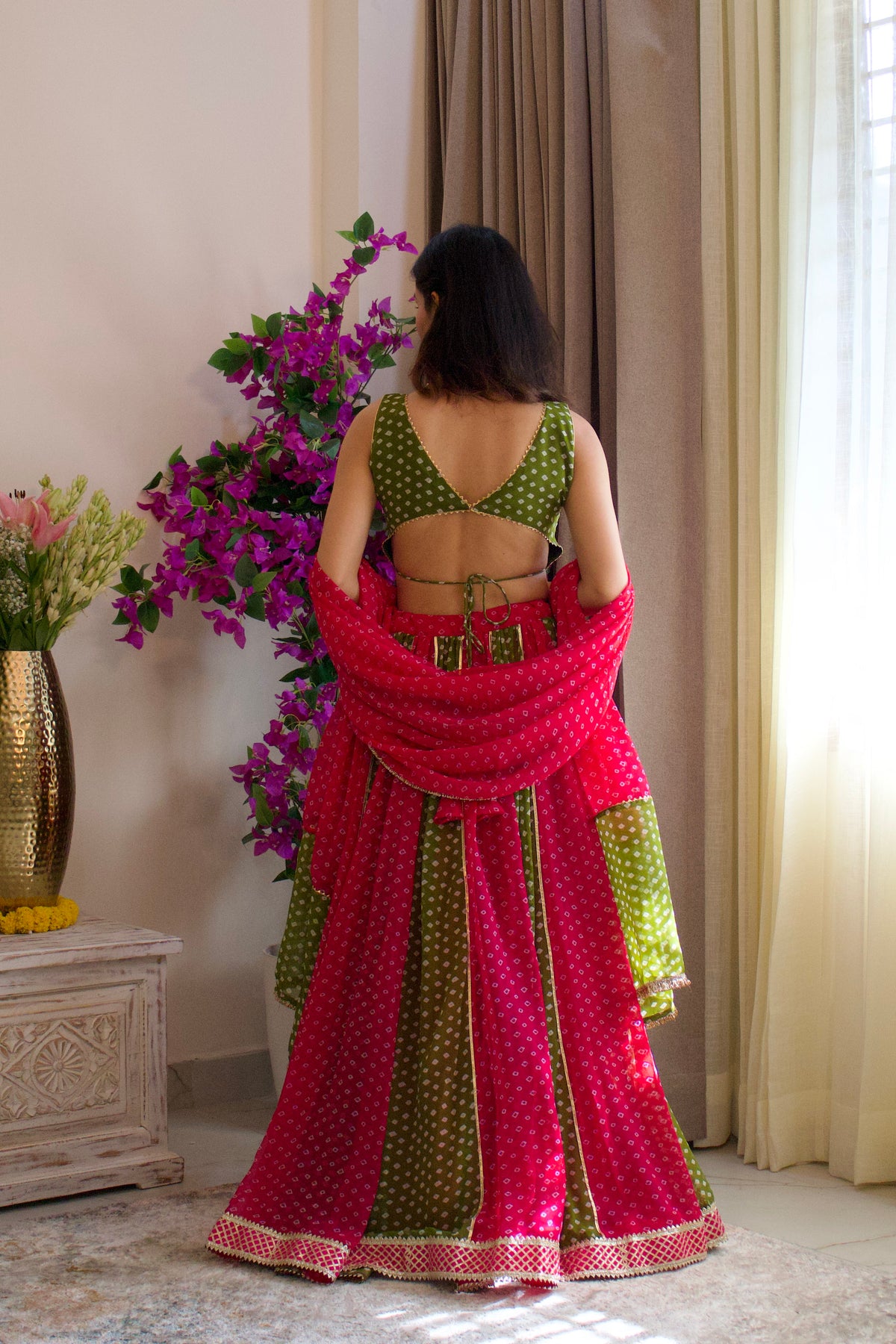 Pink and Green Bandhni Lehenga Set