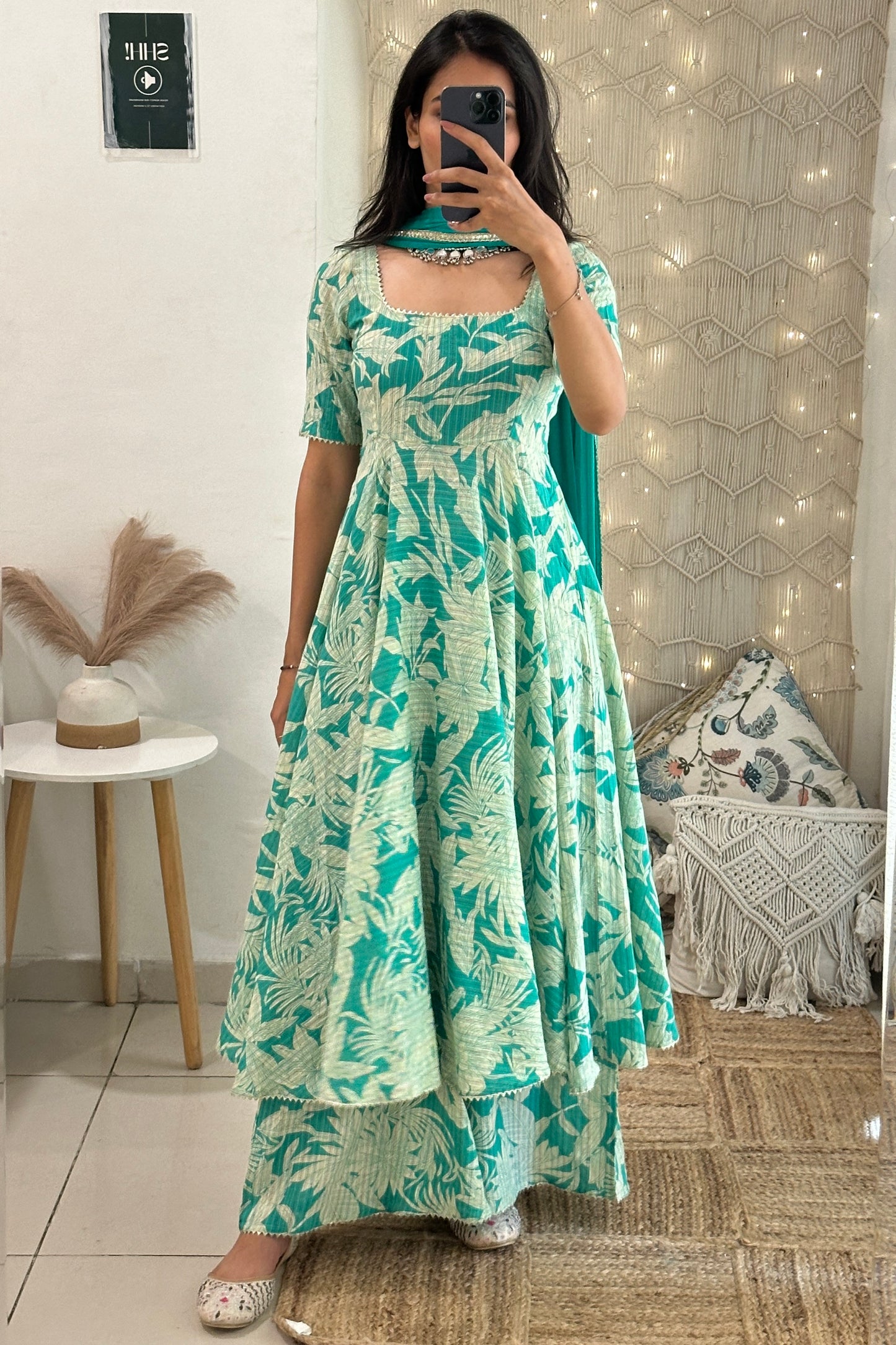 Sea Green Kantha Cotton Anarkali Set