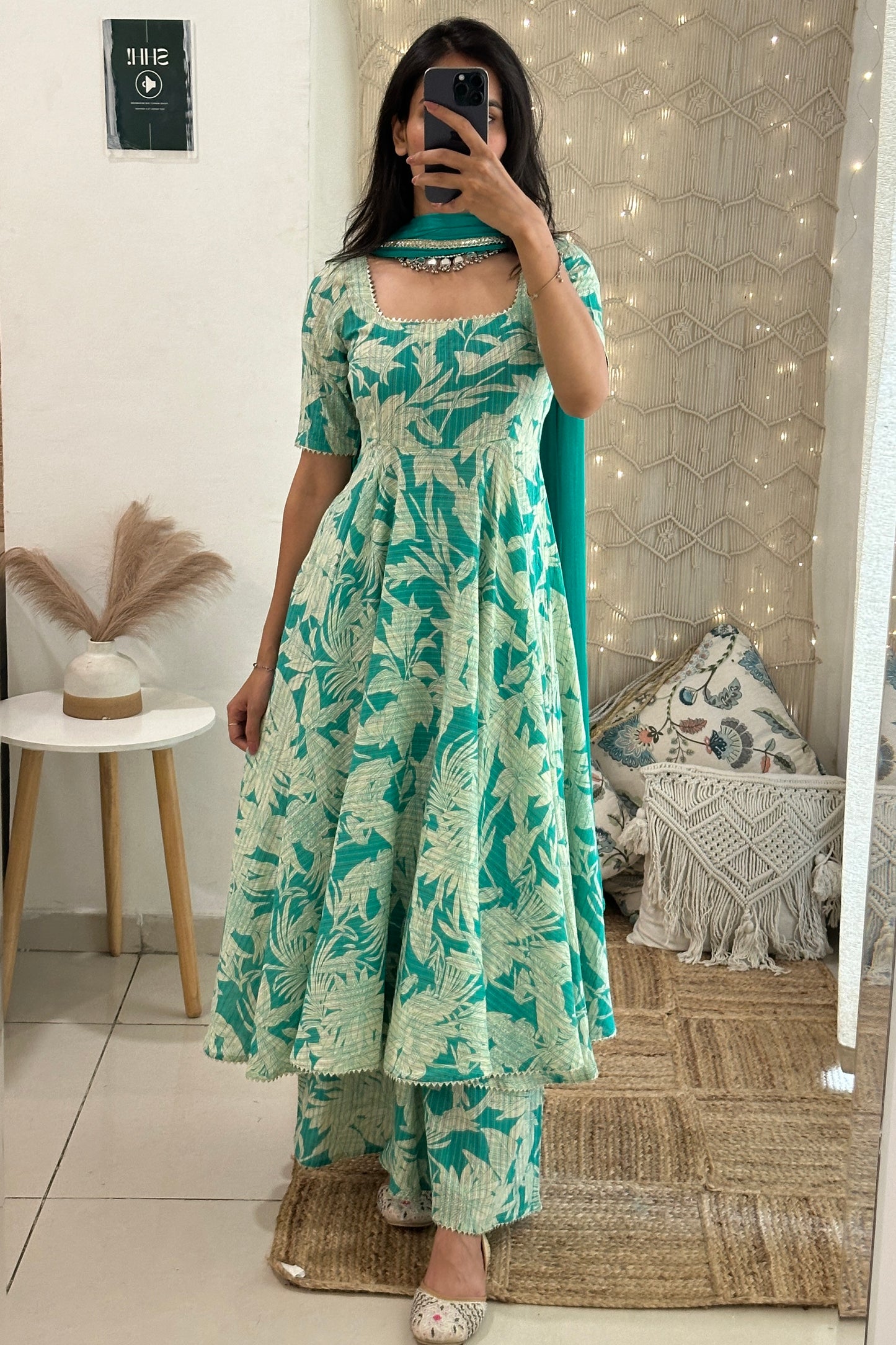 Sea Green Kantha Cotton Anarkali Set