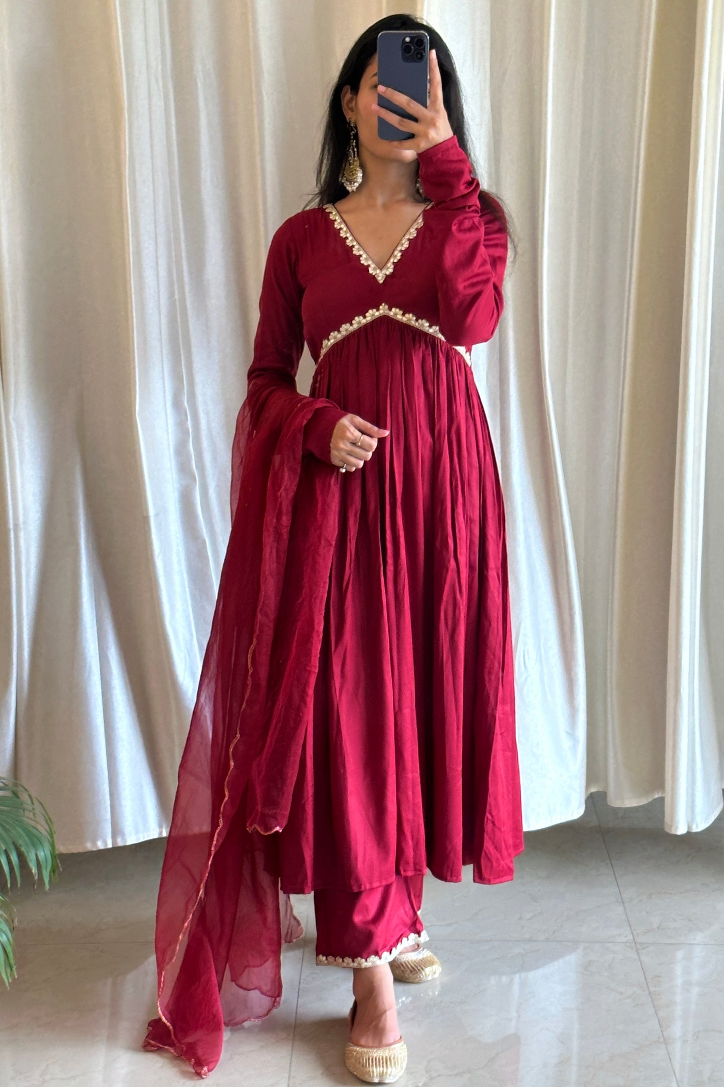 Maroon Glaze Cotton Anarkali Kurta Set