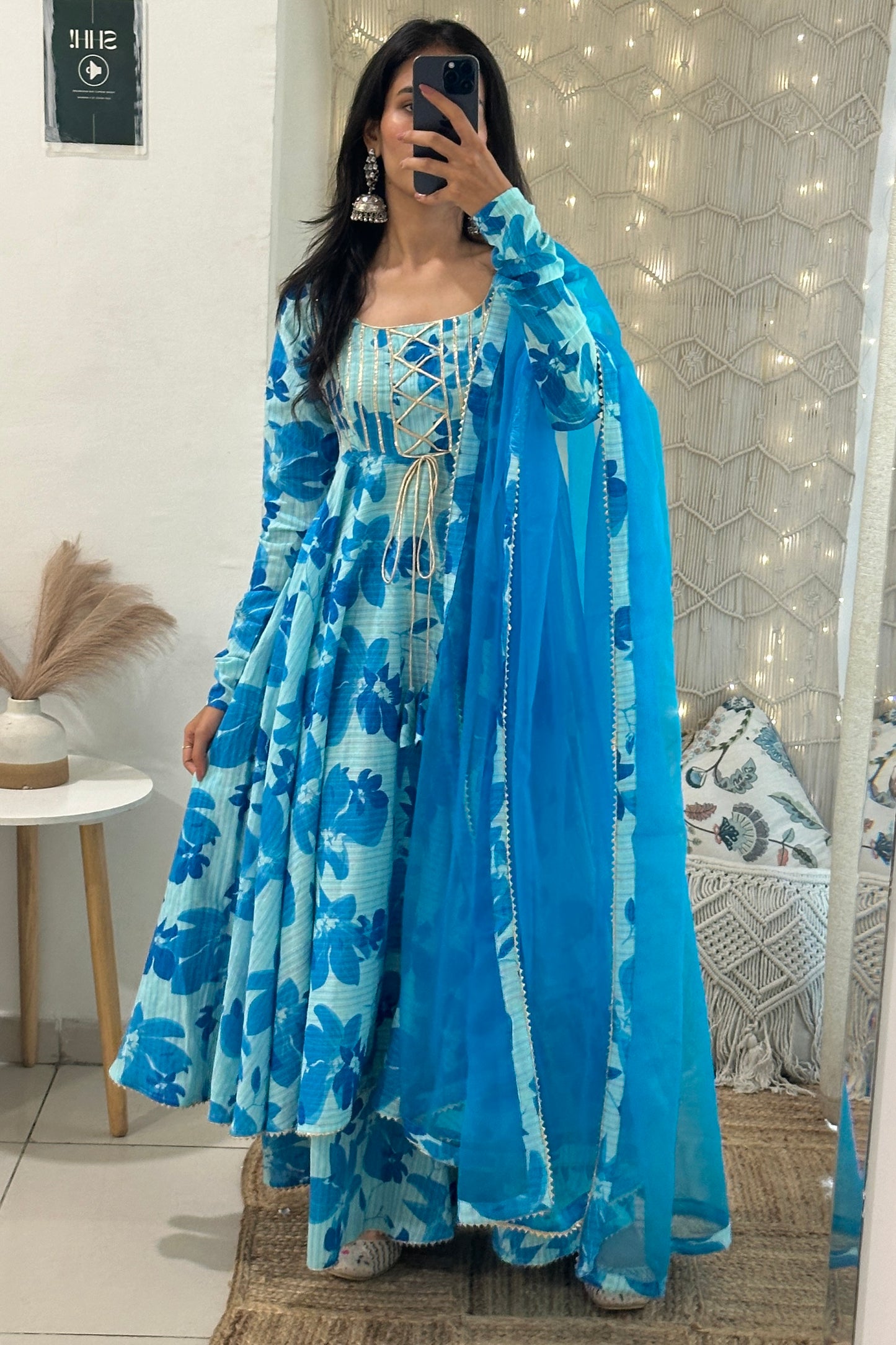 Blue Kantha Cotton Anarkali Set