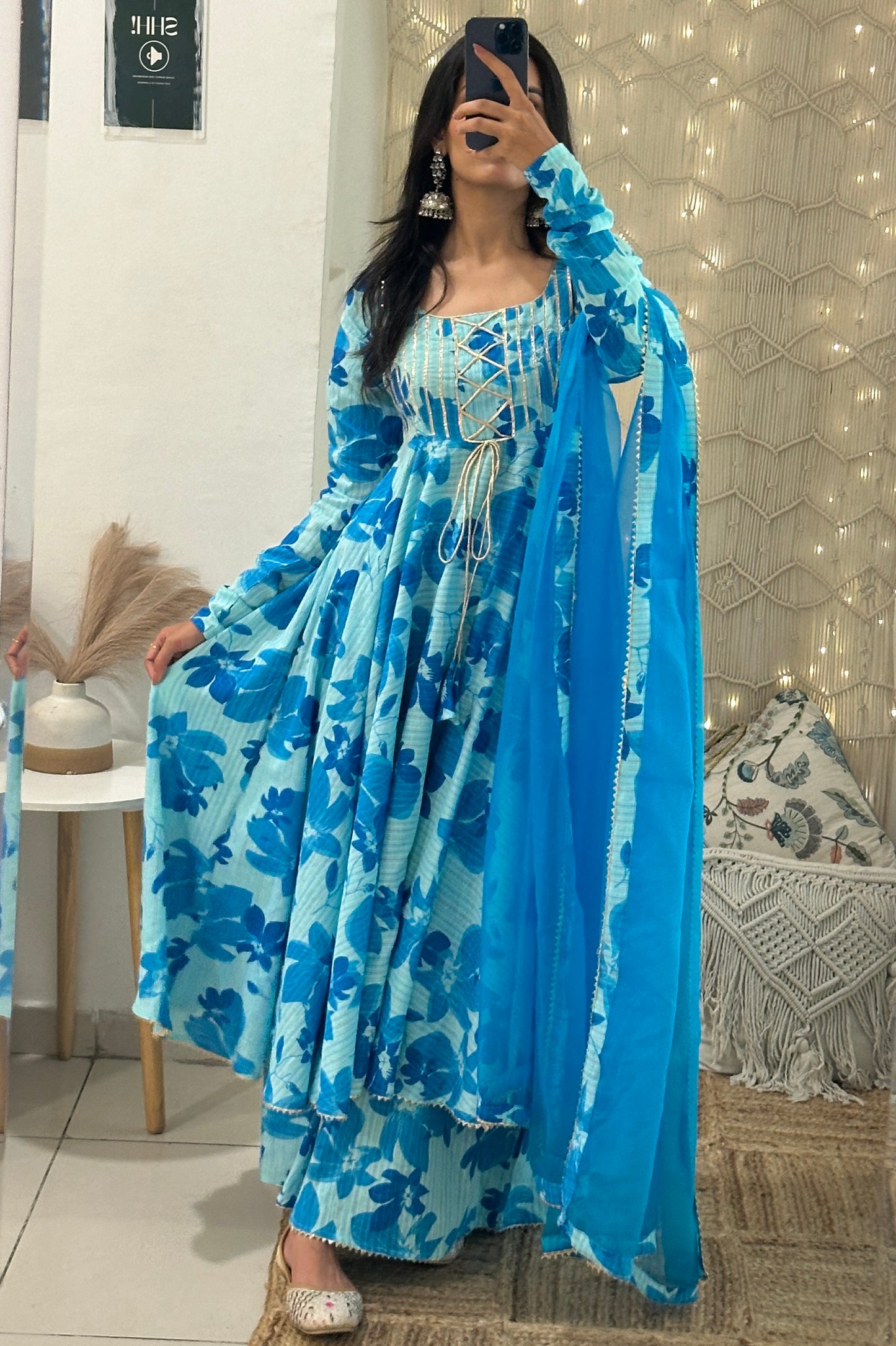 Blue Kantha Cotton Anarkali Set