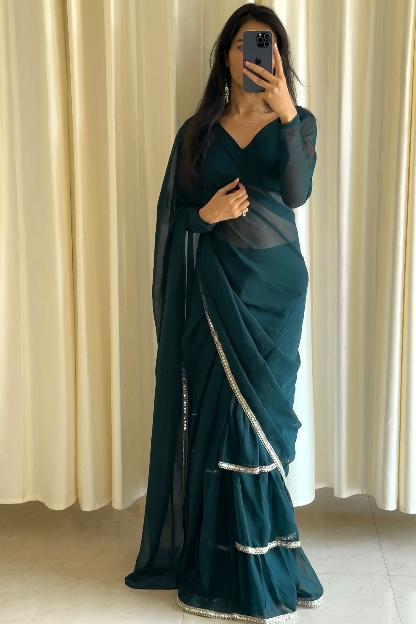Teal Blue Georgette Ruffle Saree