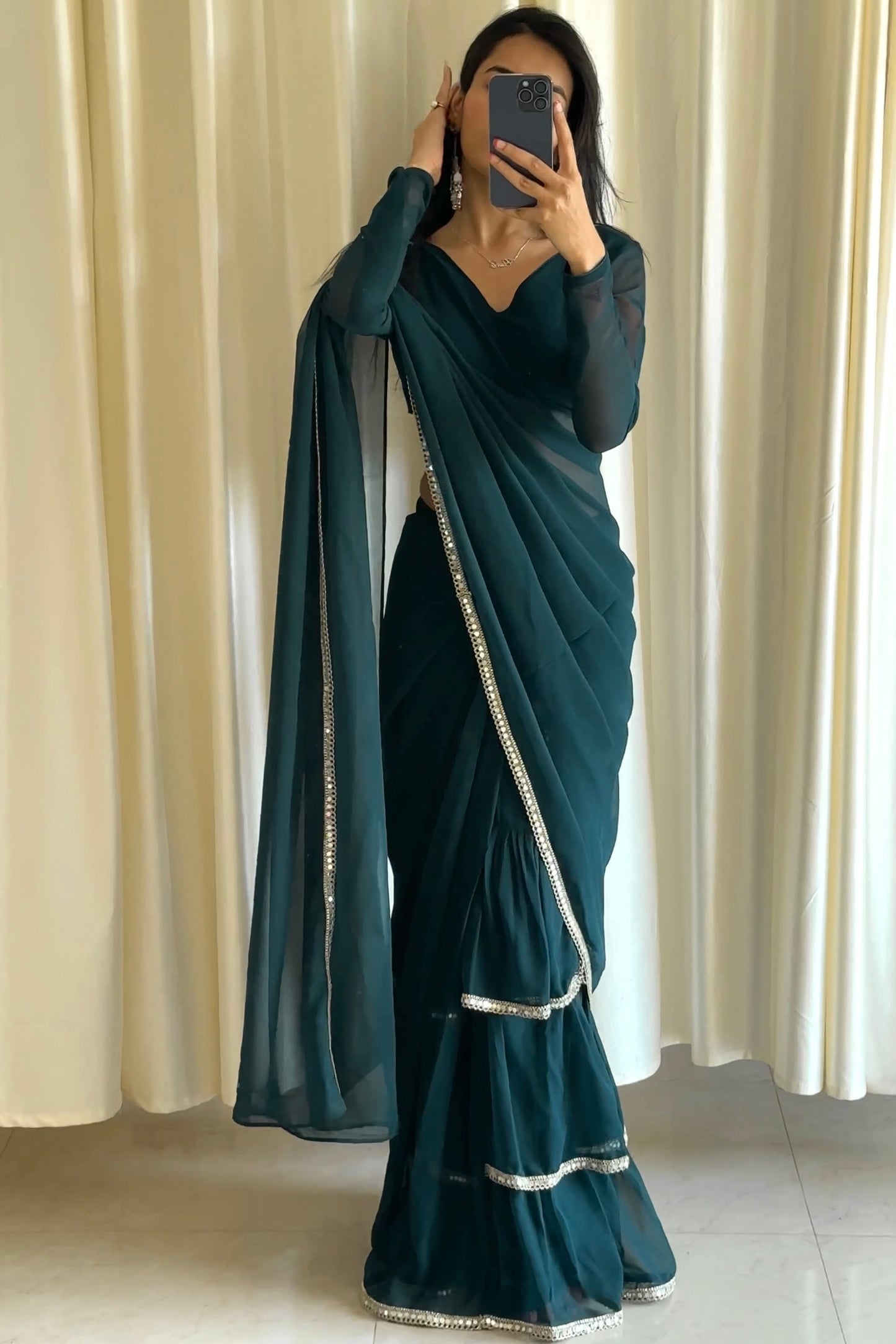 Teal Blue Georgette Ruffle Saree