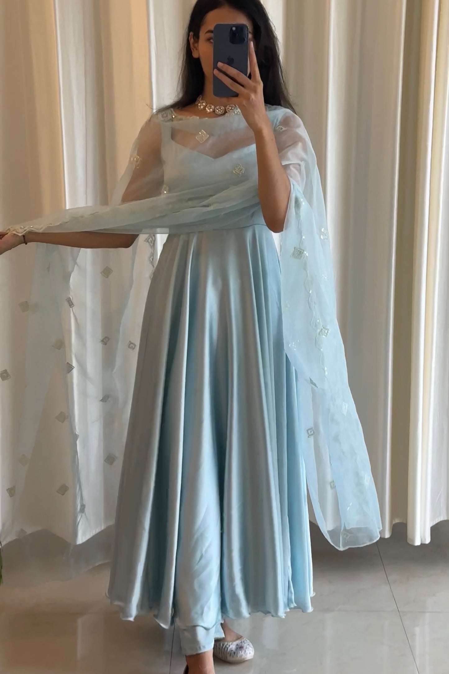 Powder Blue Satin Anarkali Set