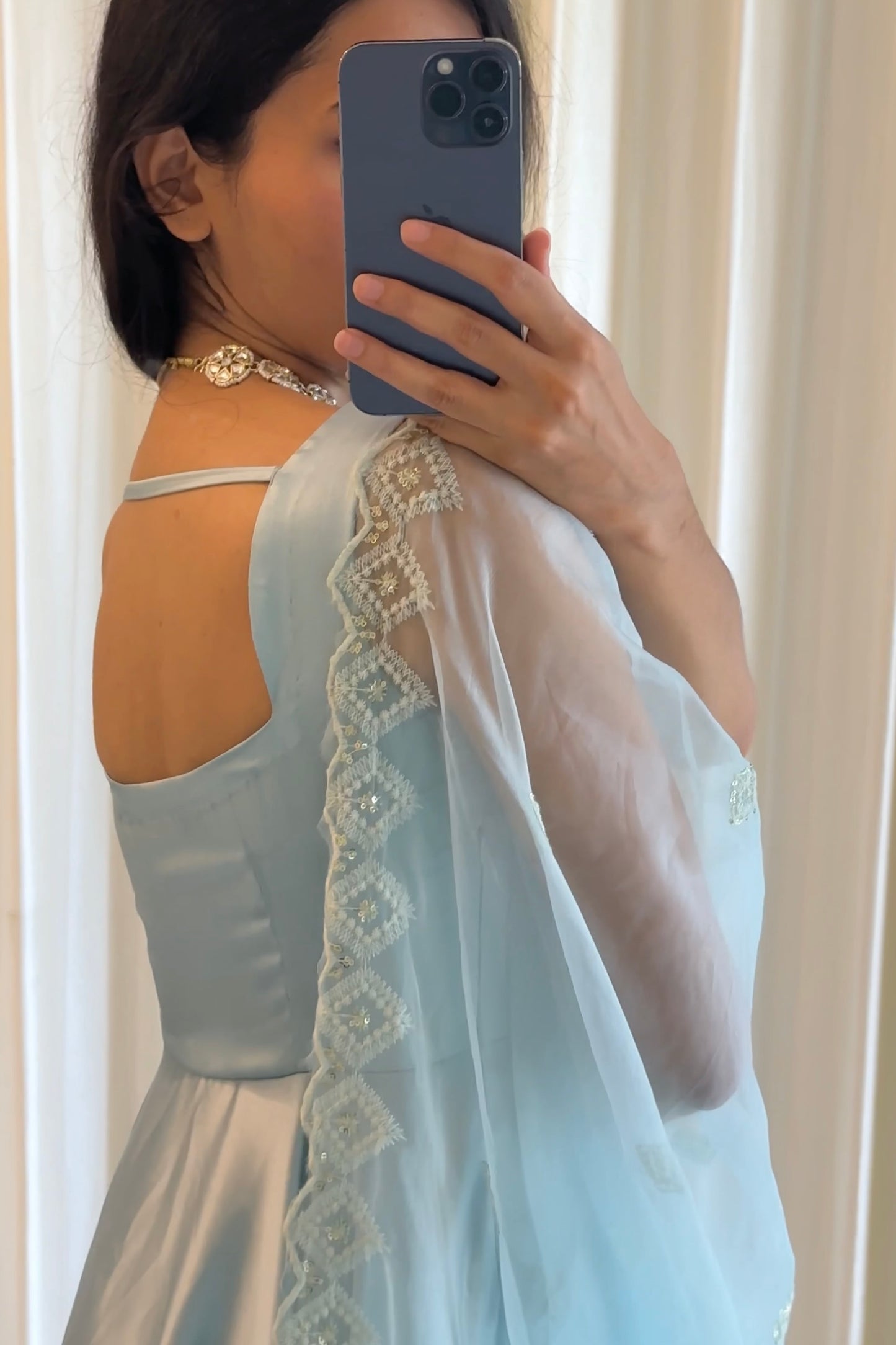 Powder Blue Satin Anarkali Set
