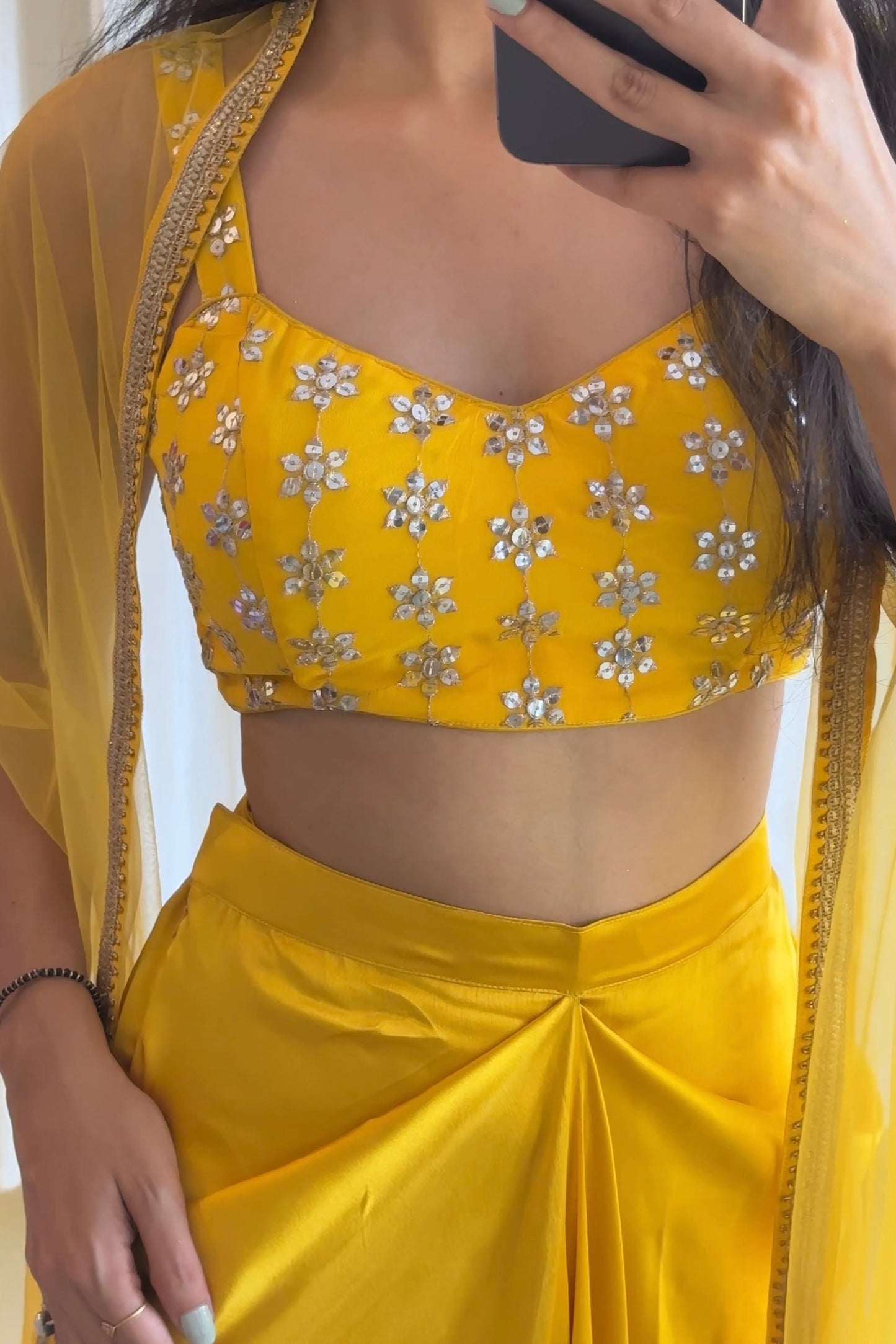Yellow Satin Draped Skirt Set