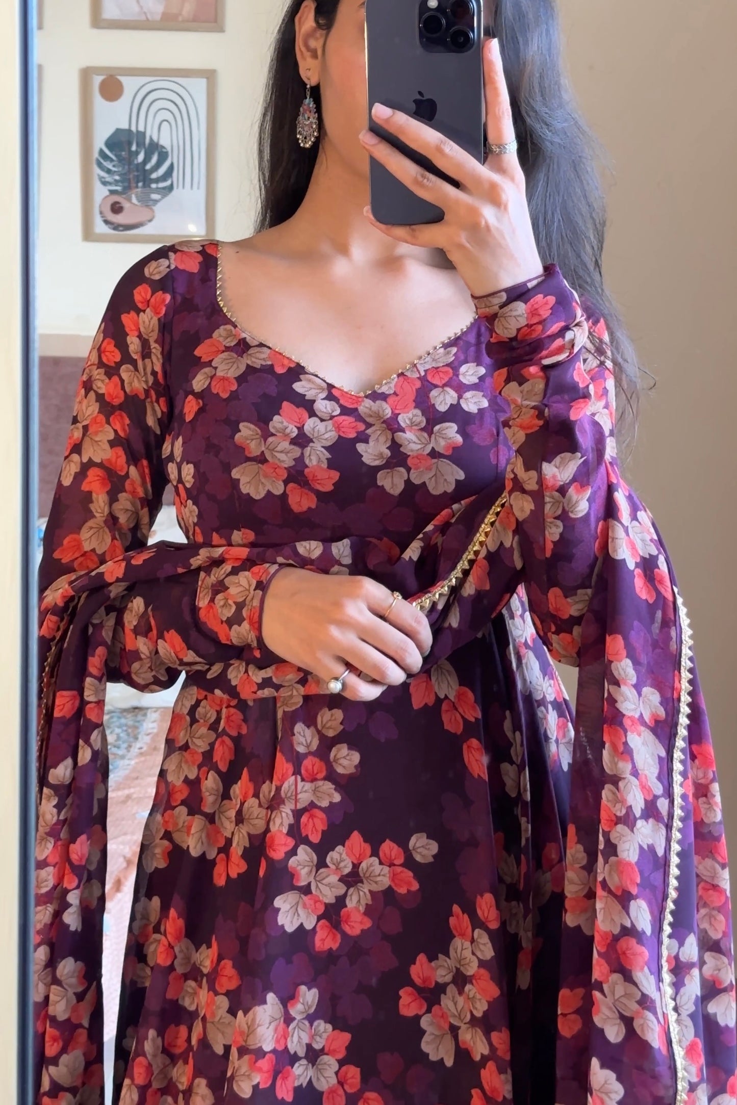 Wine Printed Georgette Anarkali Set
