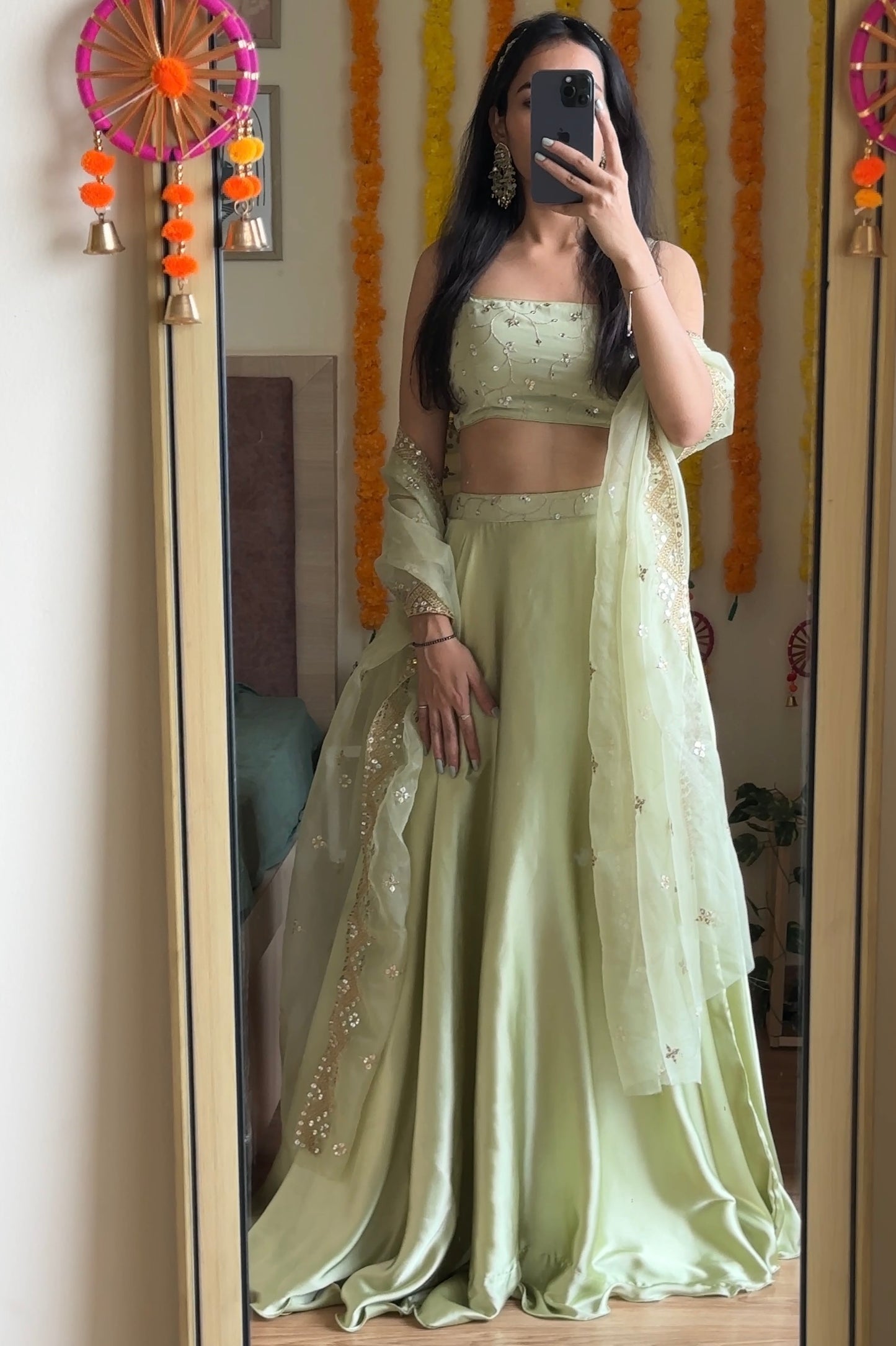 Pista Green Satin Lehenga Set