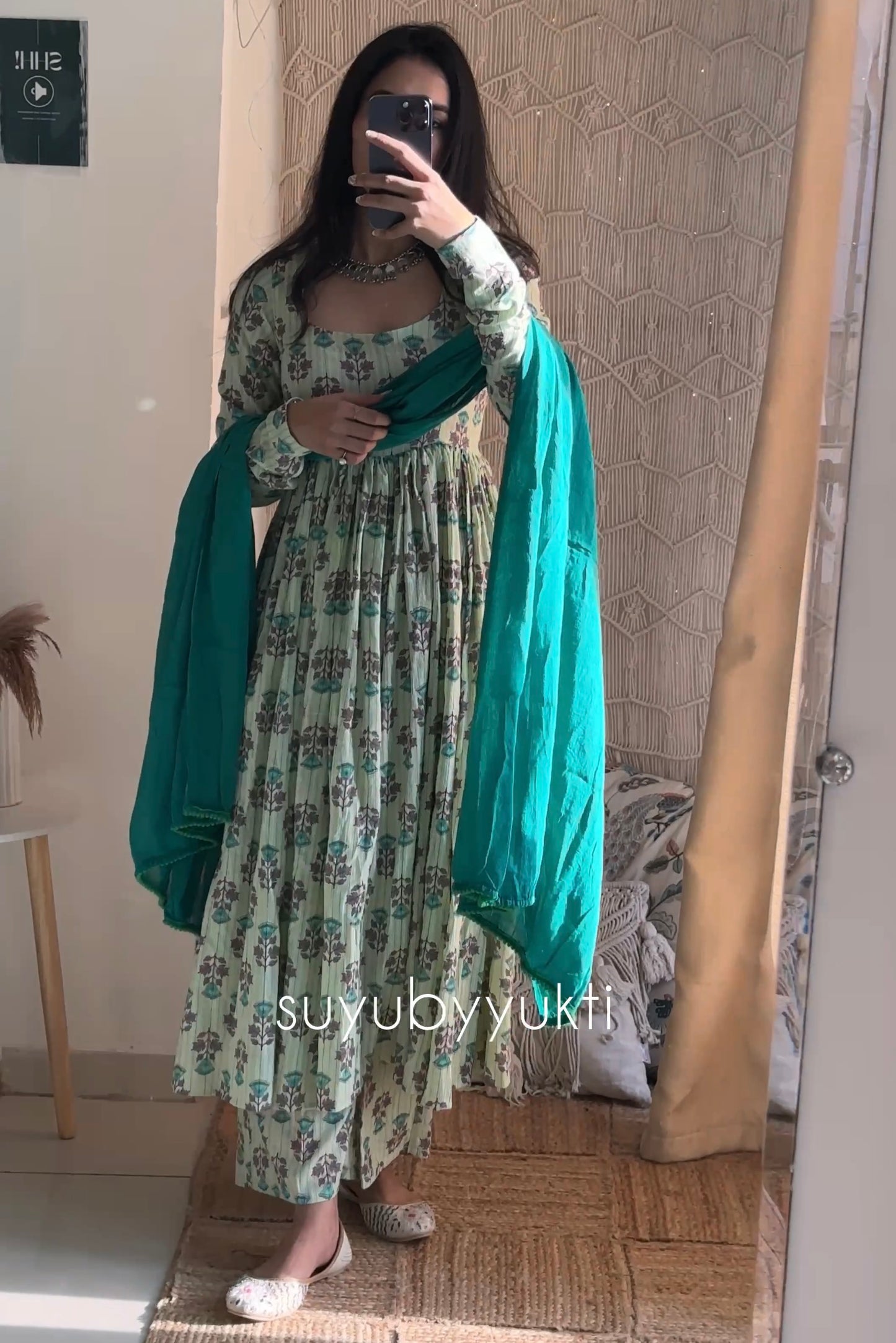 Green Kantha Cotton Anarkali Set