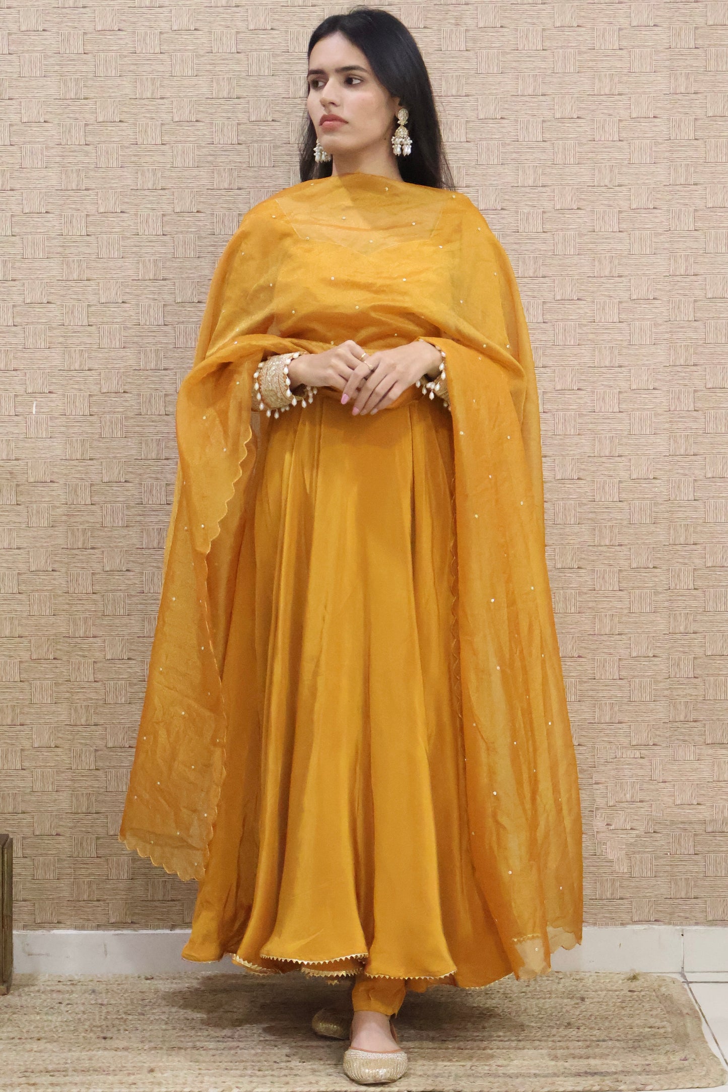 Mustard Yellow Crepe Anarkali Set