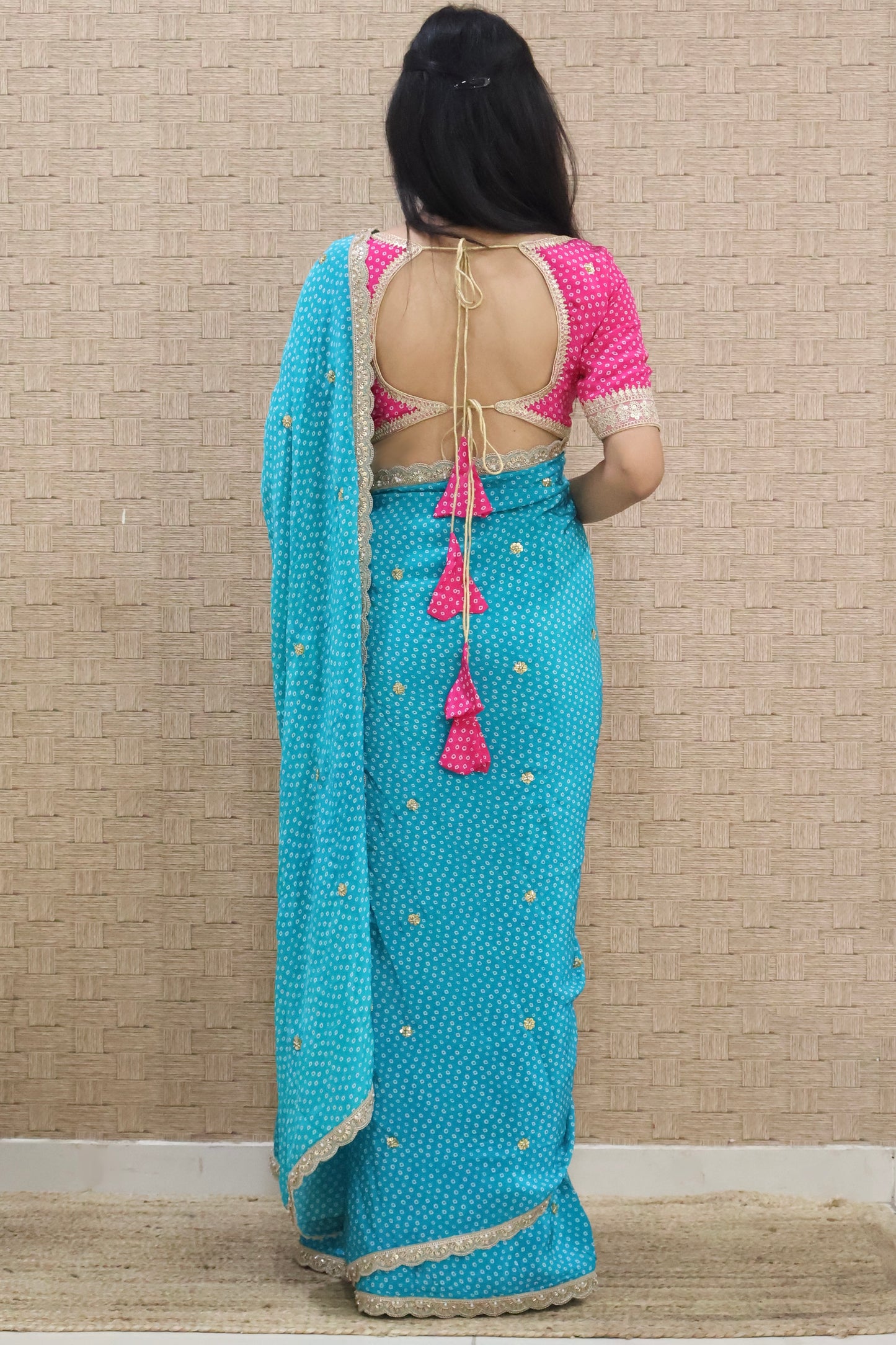 Aqua Blue Bandhni Embroidered Saree