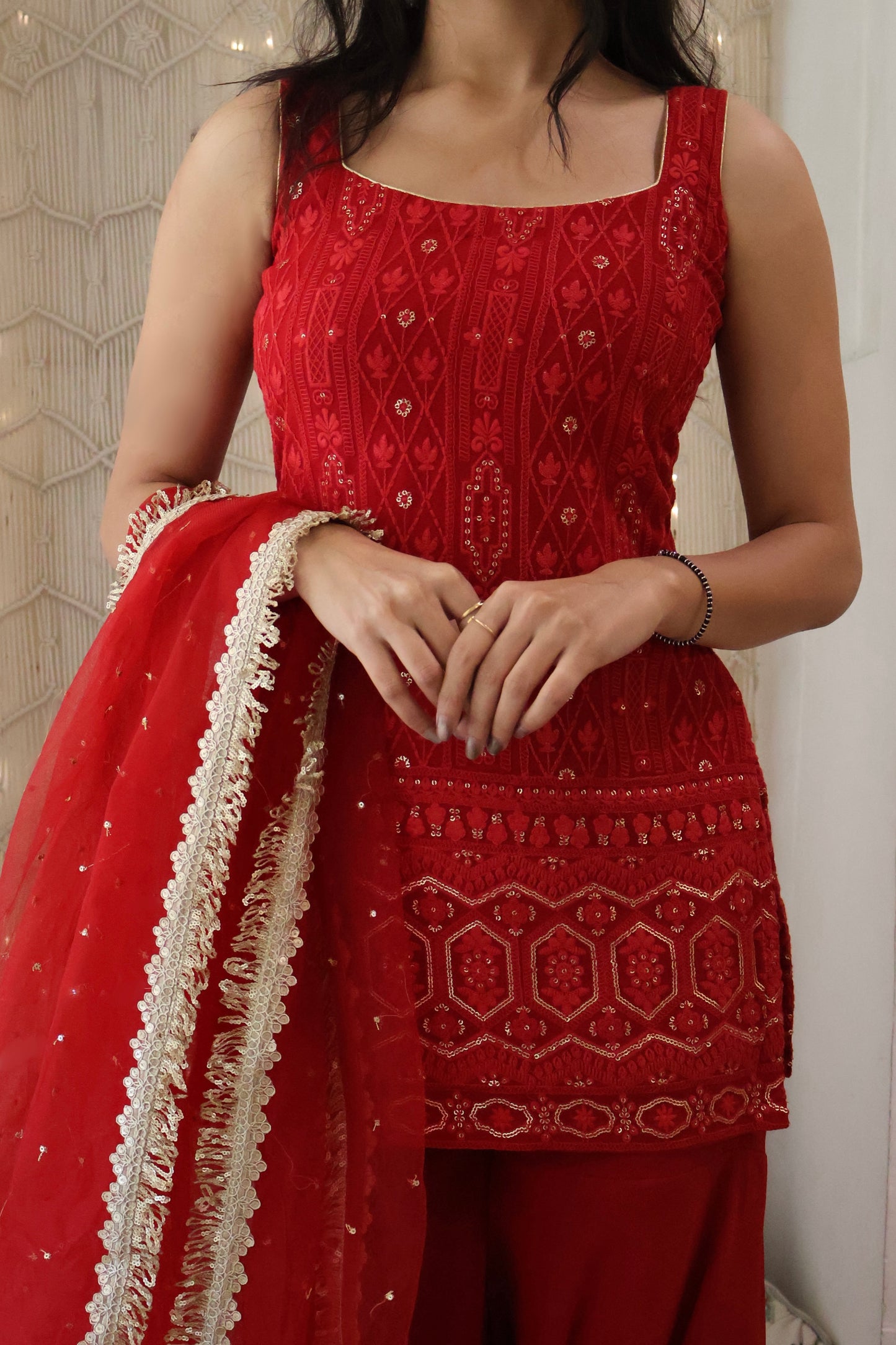 Maroon Georgette Embroidered Kurta And Sharara Set