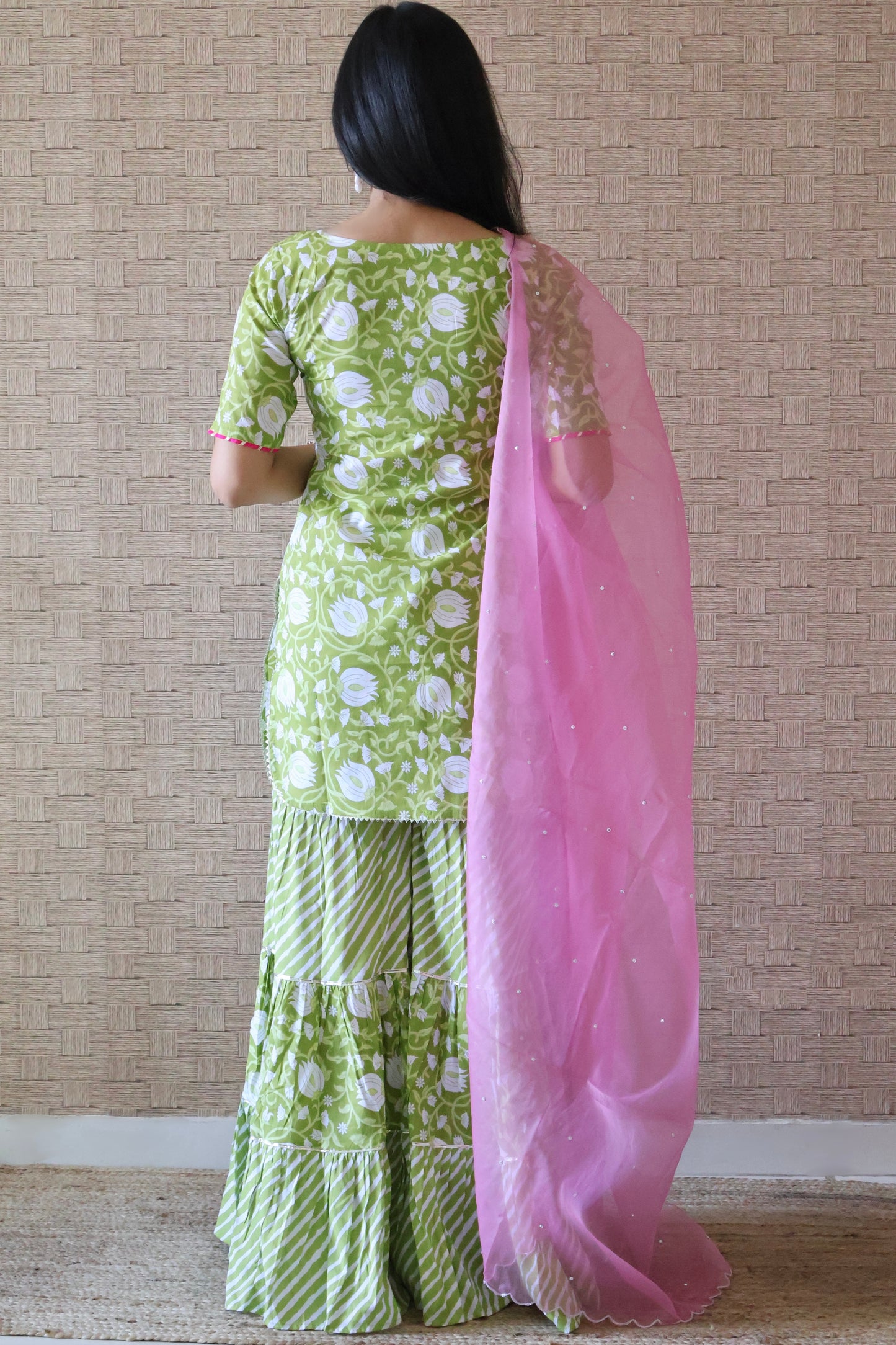 Green Cotton Printed Sharara Set