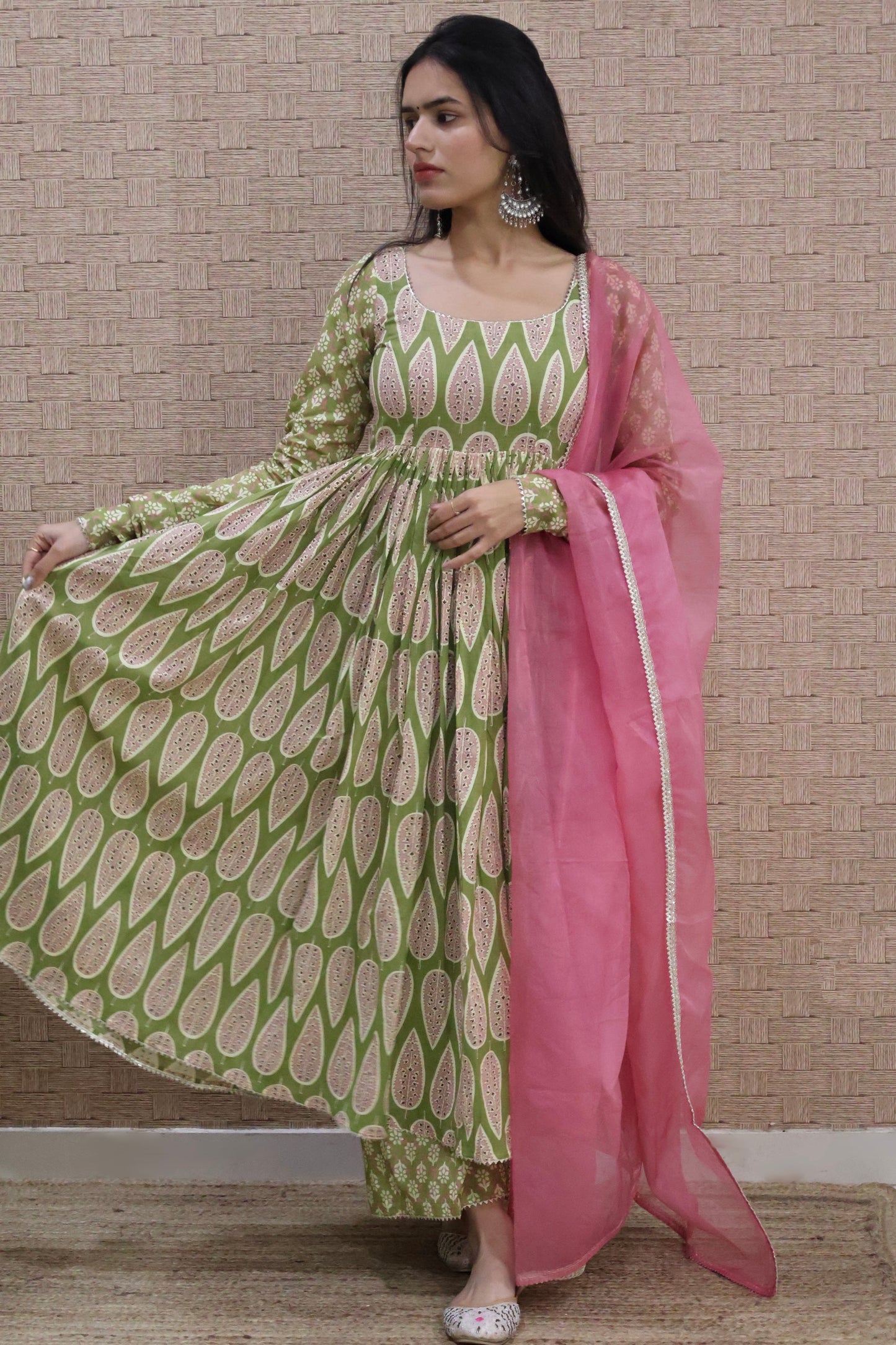 Mehendi Green Cotton Anarkali Set