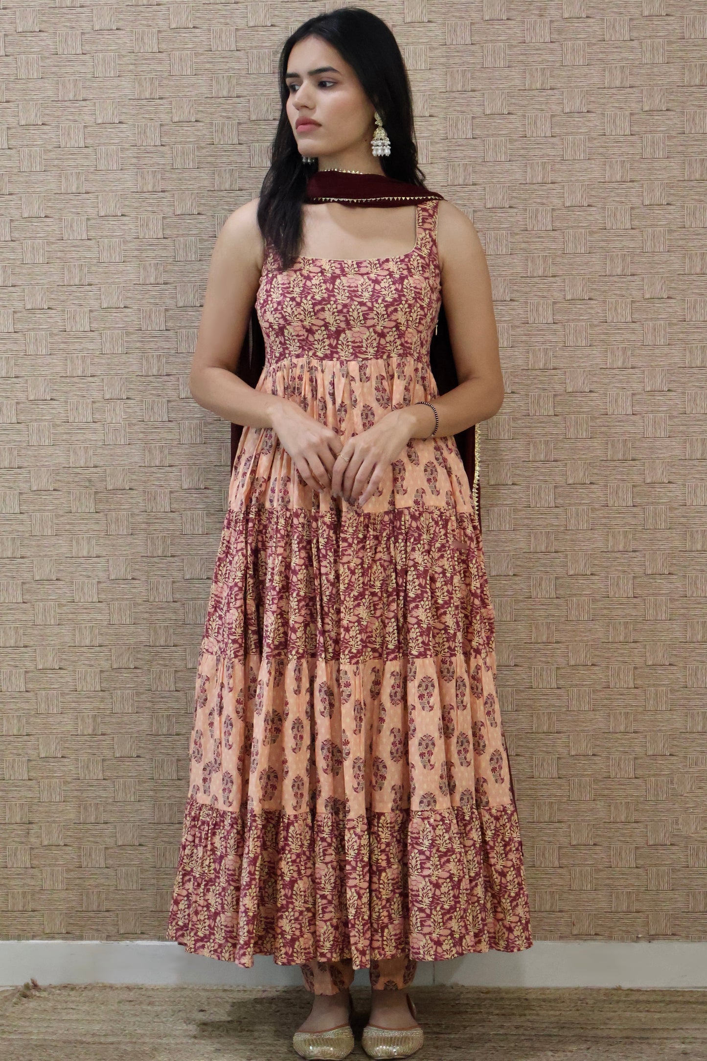 Wine and Peach Cotton Tiered Anarkali Set