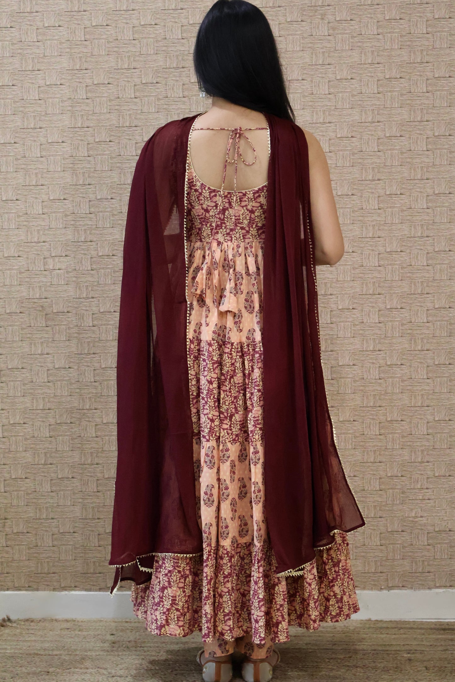 Wine and Peach Cotton Tiered Anarkali Set