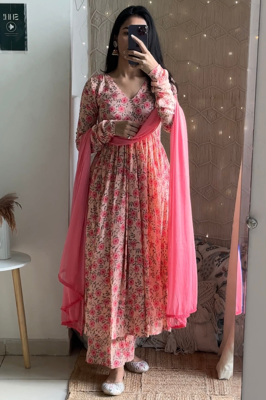 Pink Rose Cotton Anarkali Set