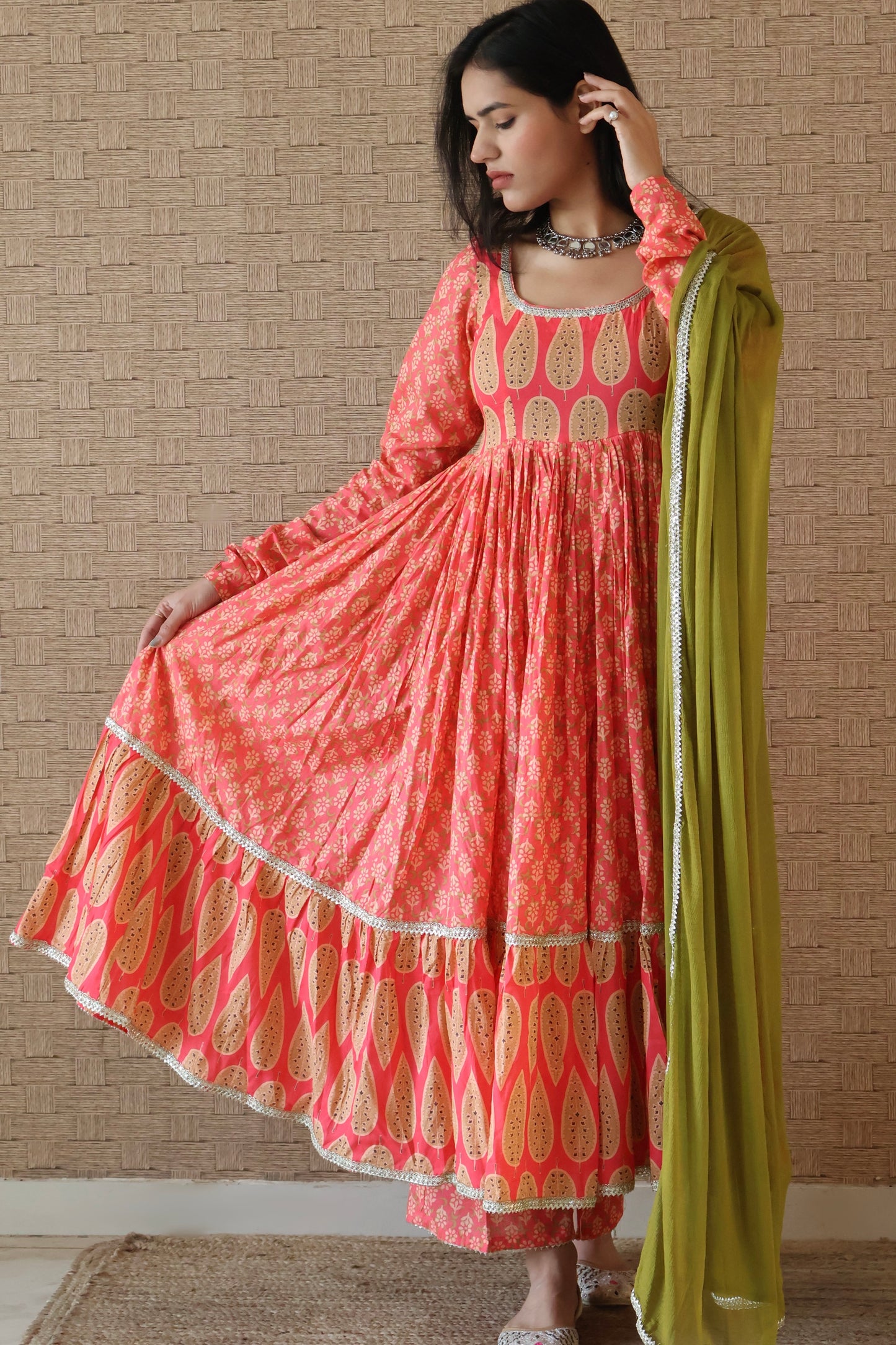 Dark Coral Cotton Printed Anarkali Set