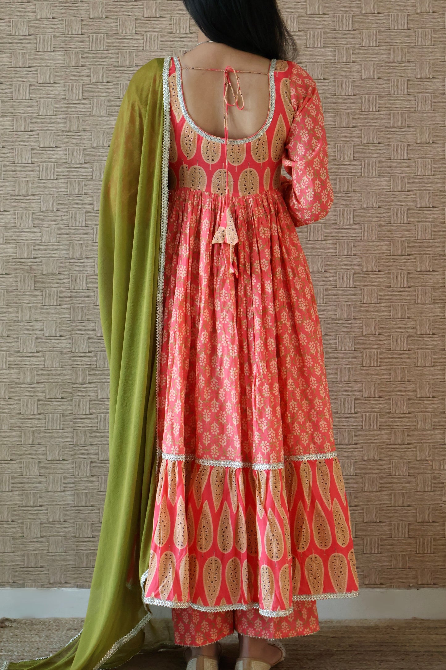 Dark Coral Cotton Printed Anarkali Set