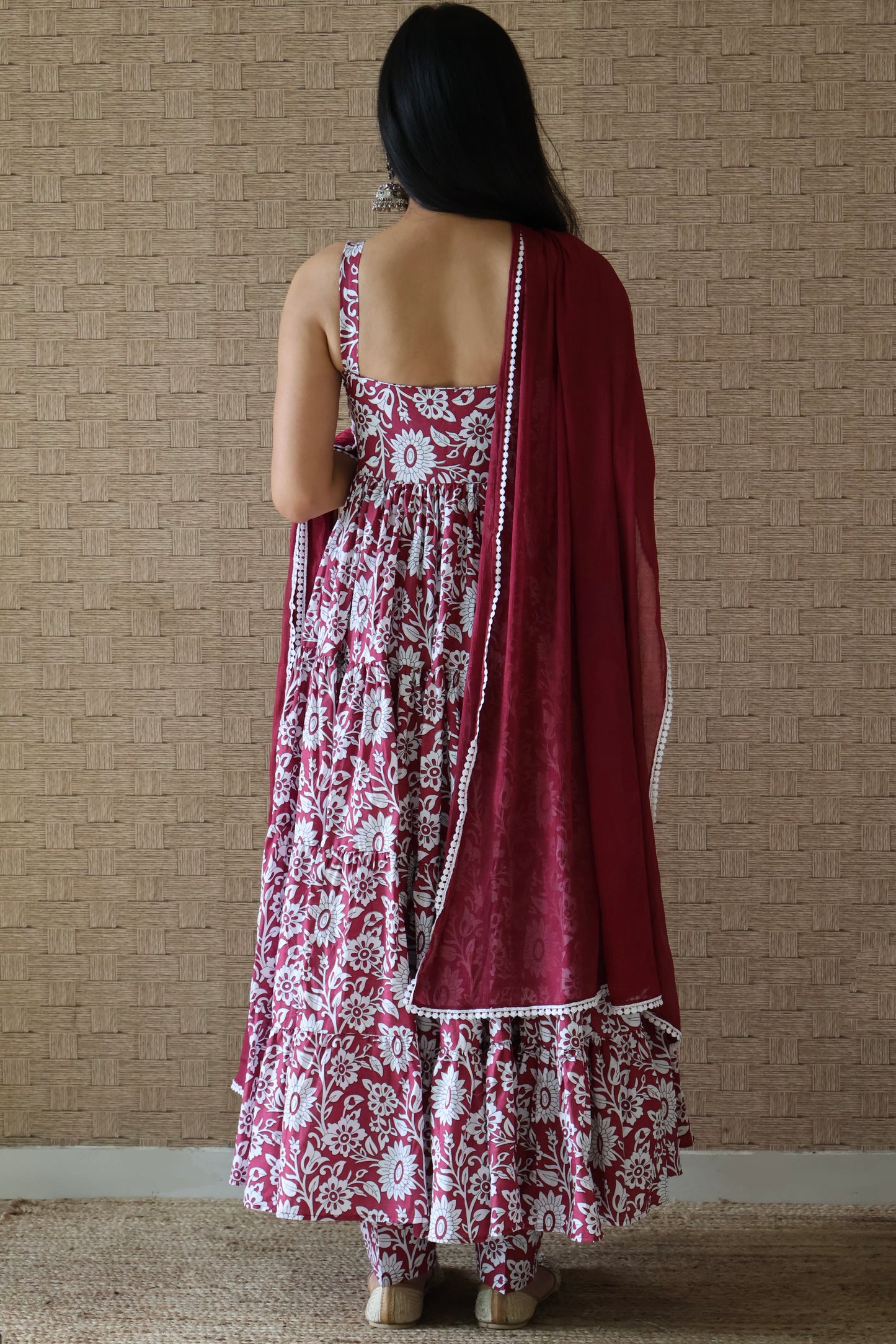 Maroon Cotton Tiered Anarkali Set