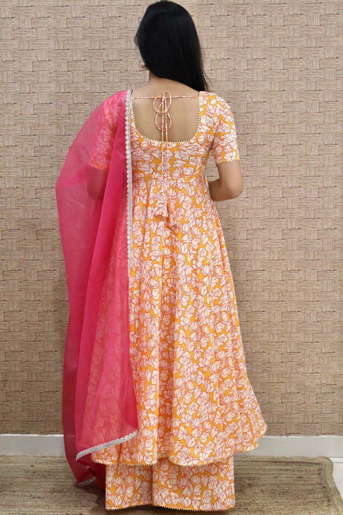 Orange Cotton Printed Anarkali Set